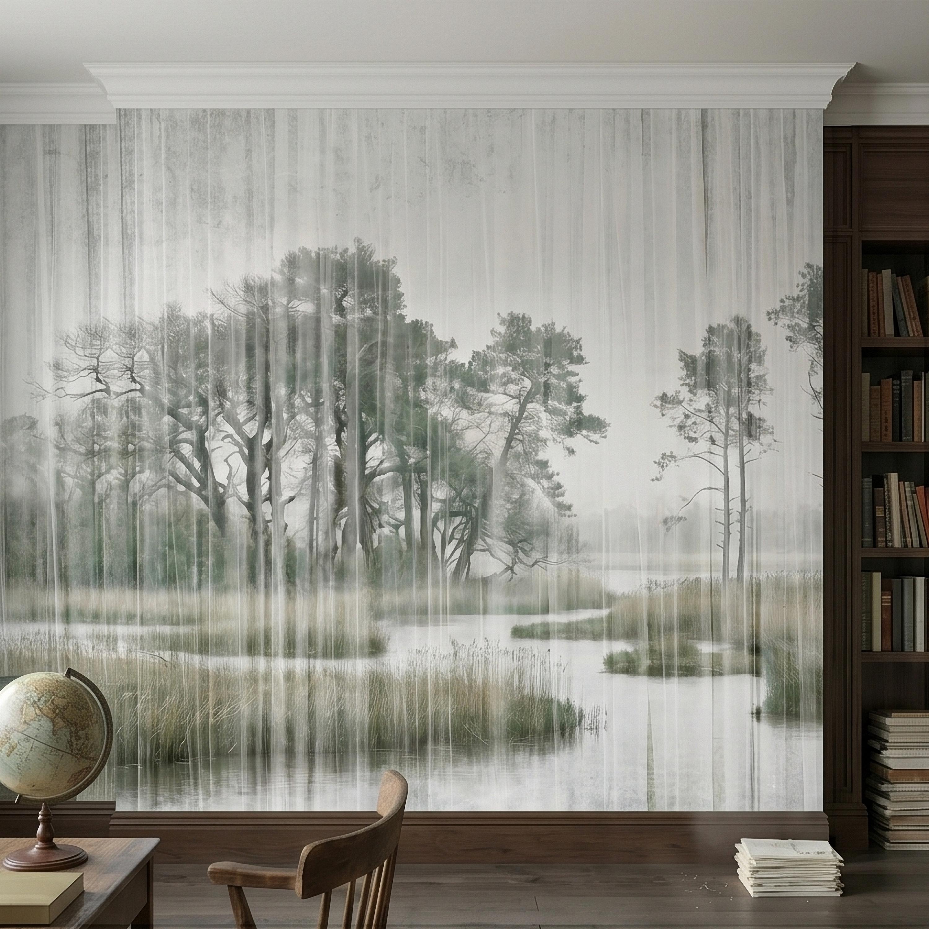 Misty Rain Forest Lake Peel and Stick Wall Mural, Neutral Foggy Wetland Landscape with Pine Trees, Modern Moody Watercolor Wallpaper
