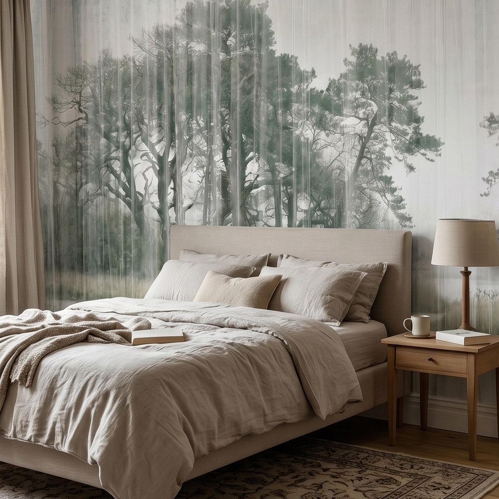 Misty Rain Forest Lake Peel and Stick Wall Mural, Neutral Foggy Wetland Landscape with Pine Trees, Modern Moody Watercolor Wallpaper