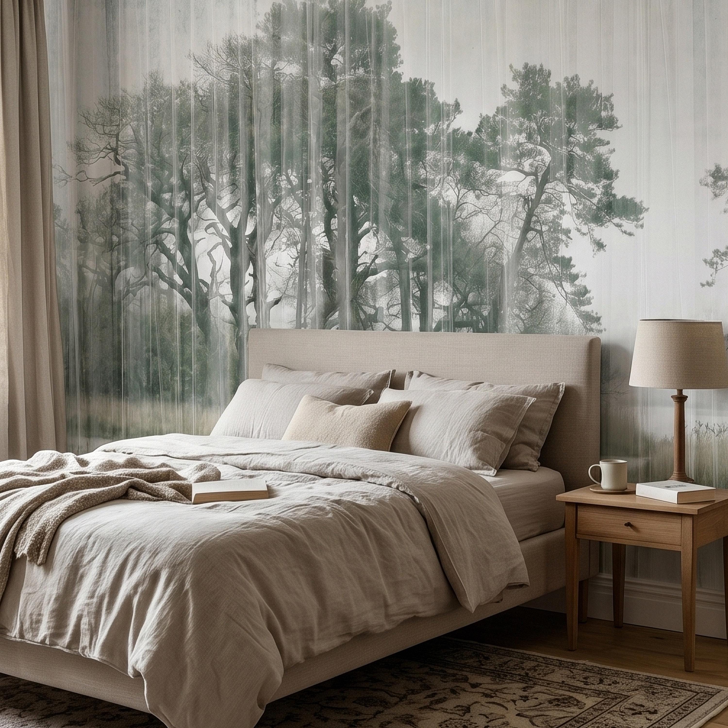Misty Rain Forest Lake Peel and Stick Wall Mural, Neutral Foggy Wetland Landscape with Pine Trees, Modern Moody Watercolor Wallpaper