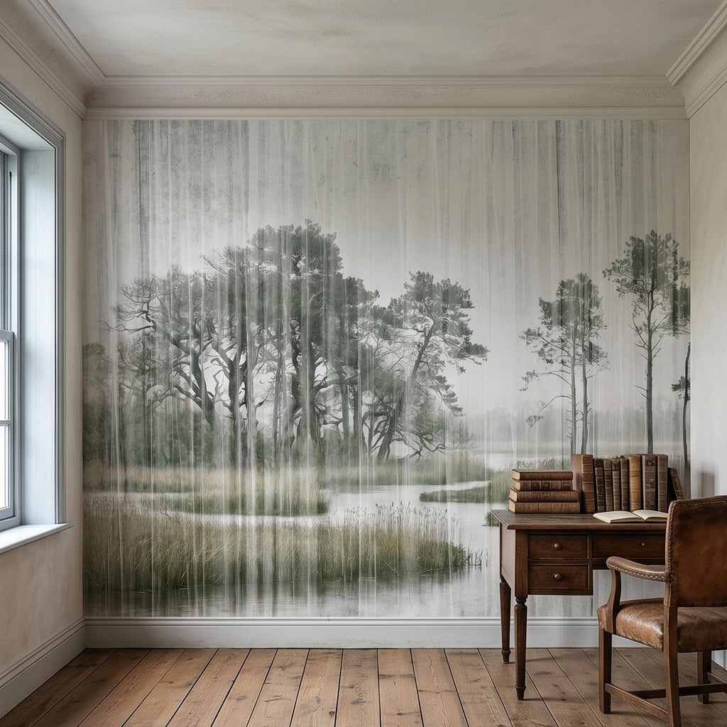Misty Rain Forest Lake Peel and Stick Wall Mural, Neutral Foggy Wetland Landscape with Pine Trees, Modern Moody Watercolor Wallpaper