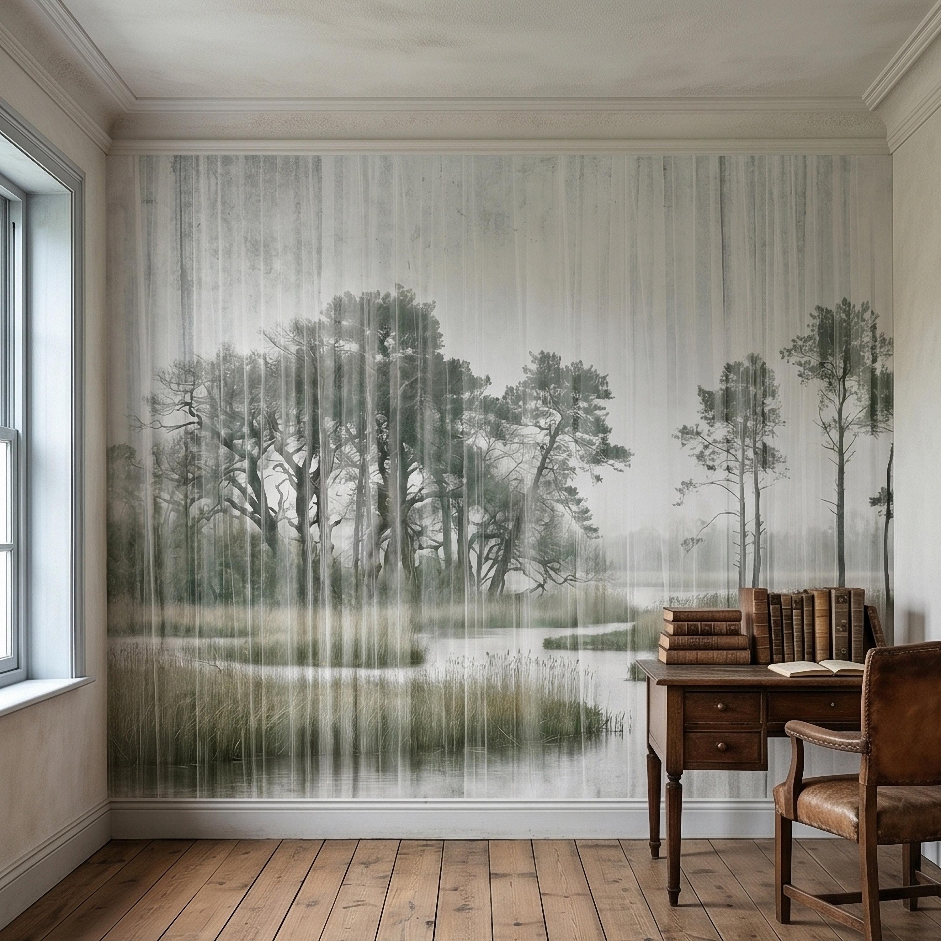Misty Rain Forest Lake Peel and Stick Wall Mural, Neutral Foggy Wetland Landscape with Pine Trees, Modern Moody Watercolor Wallpaper