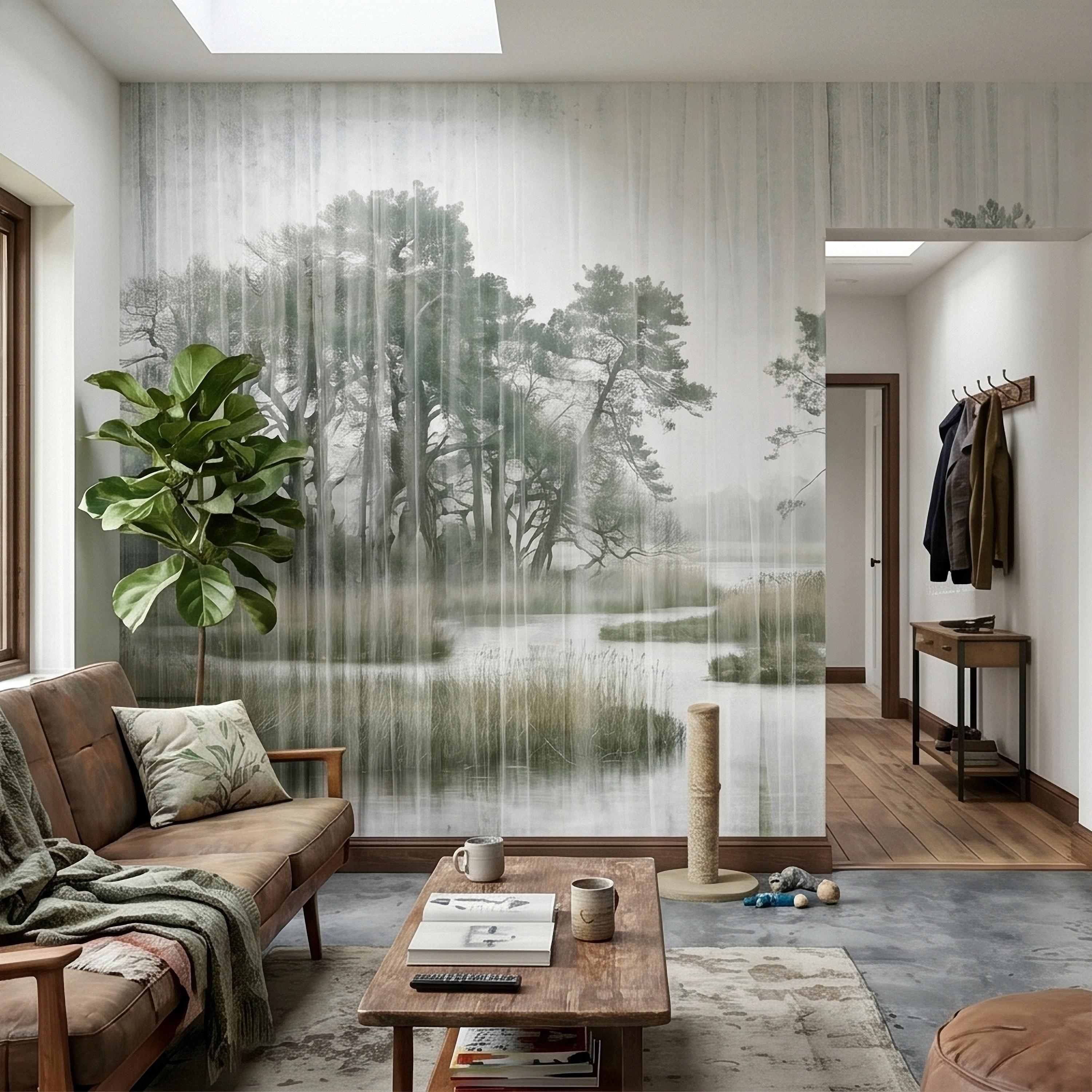 Misty Rain Forest Lake Peel and Stick Wall Mural, Neutral Foggy Wetland Landscape with Pine Trees, Modern Moody Watercolor Wallpaper