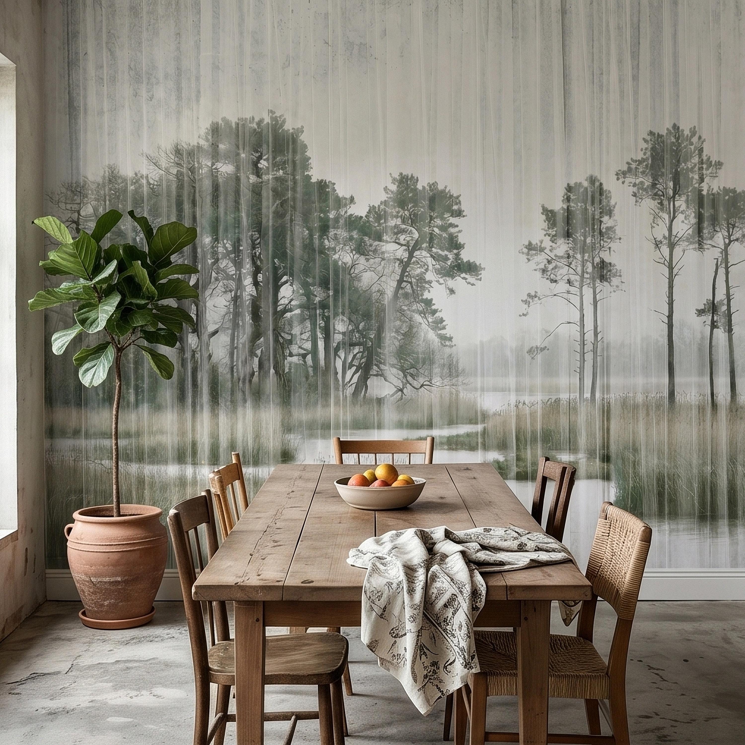 Misty Rain Forest Lake Peel and Stick Wall Mural, Neutral Foggy Wetland Landscape with Pine Trees, Modern Moody Watercolor Wallpaper