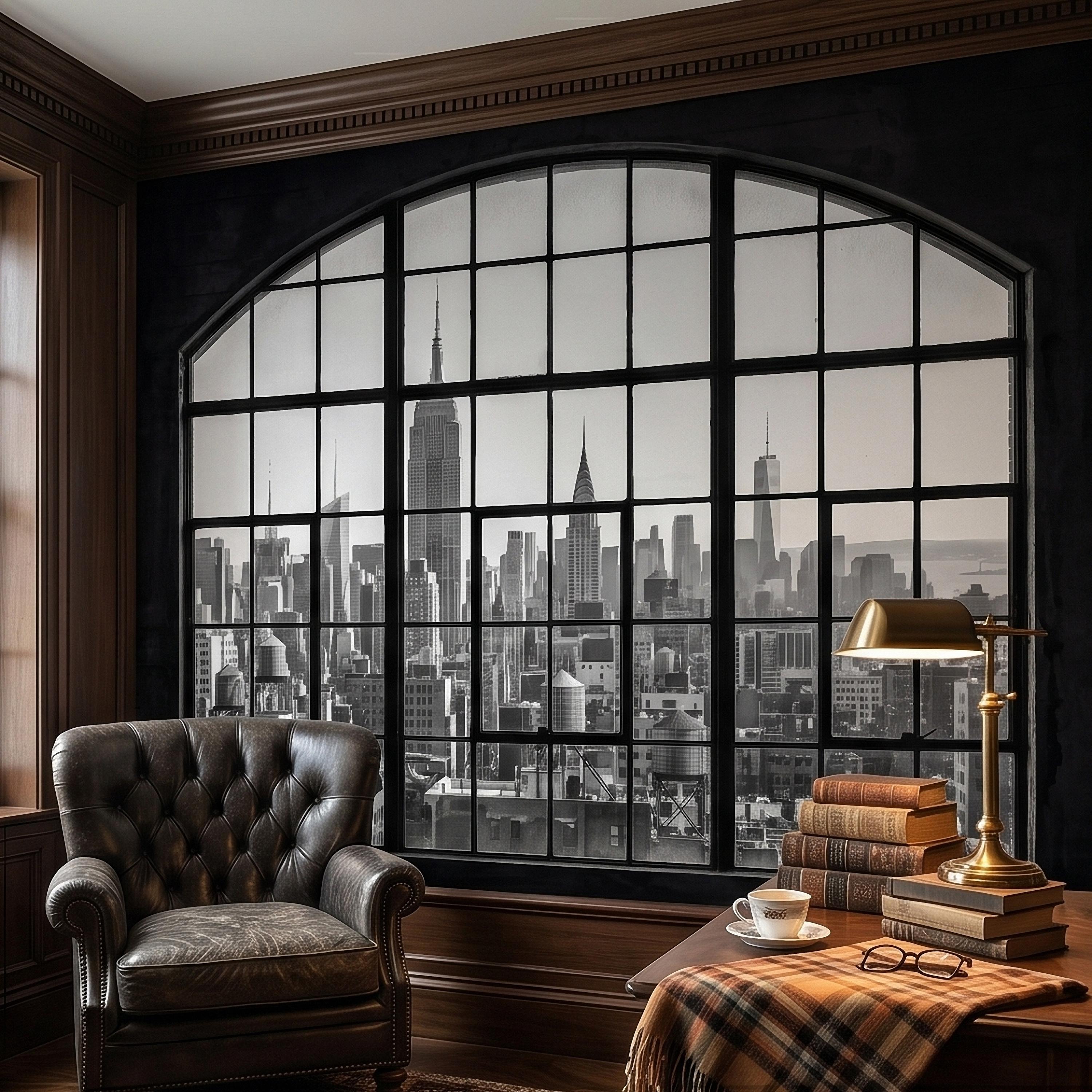 NYC Skyline Window Peel and Stick Wall Mural, Black and White New York City Loft View with Empire State Building, Industrial Photo Wallpaper