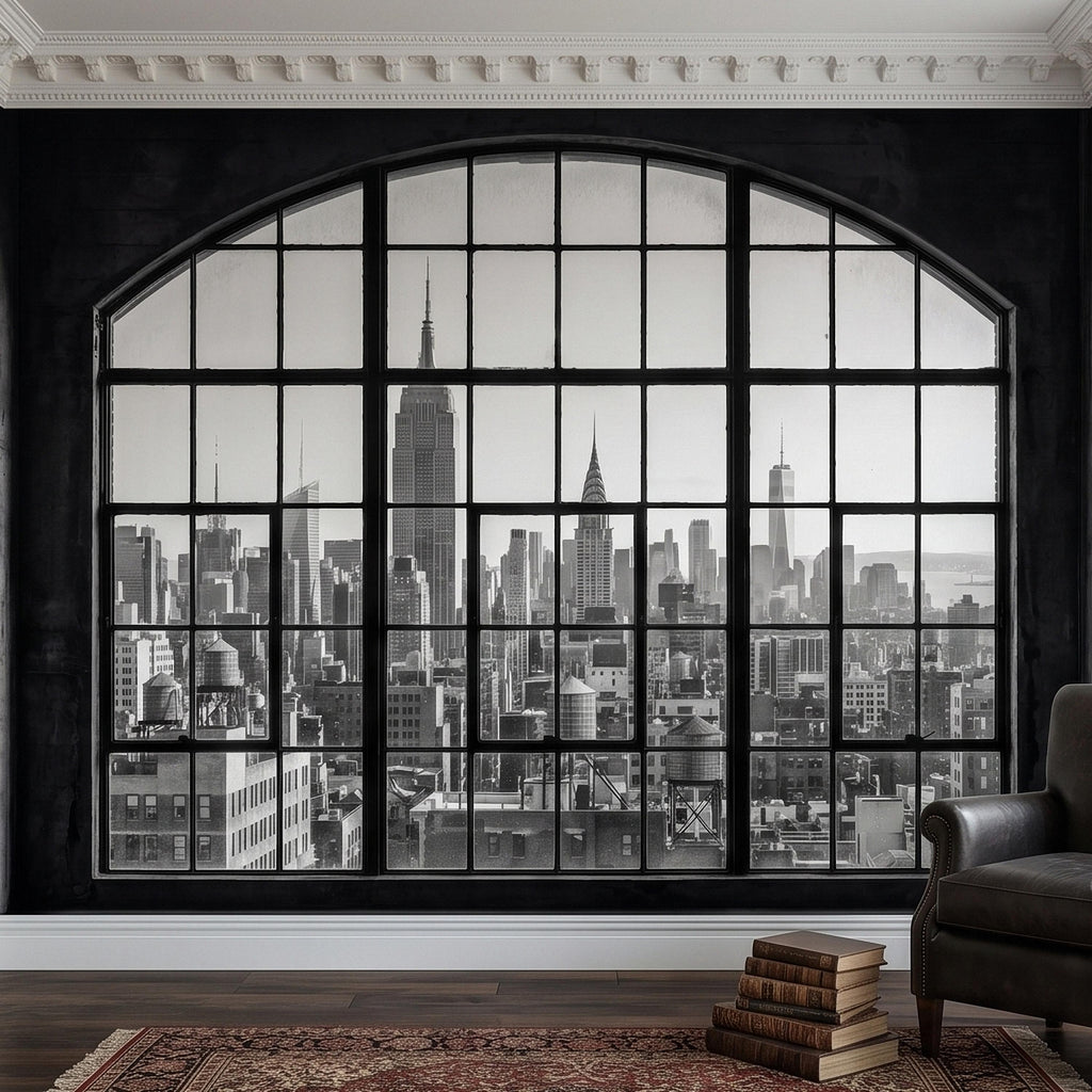 NYC Skyline Window Peel and Stick Wall Mural, Black and White New York City Loft View with Empire State Building, Industrial Photo Wallpaper