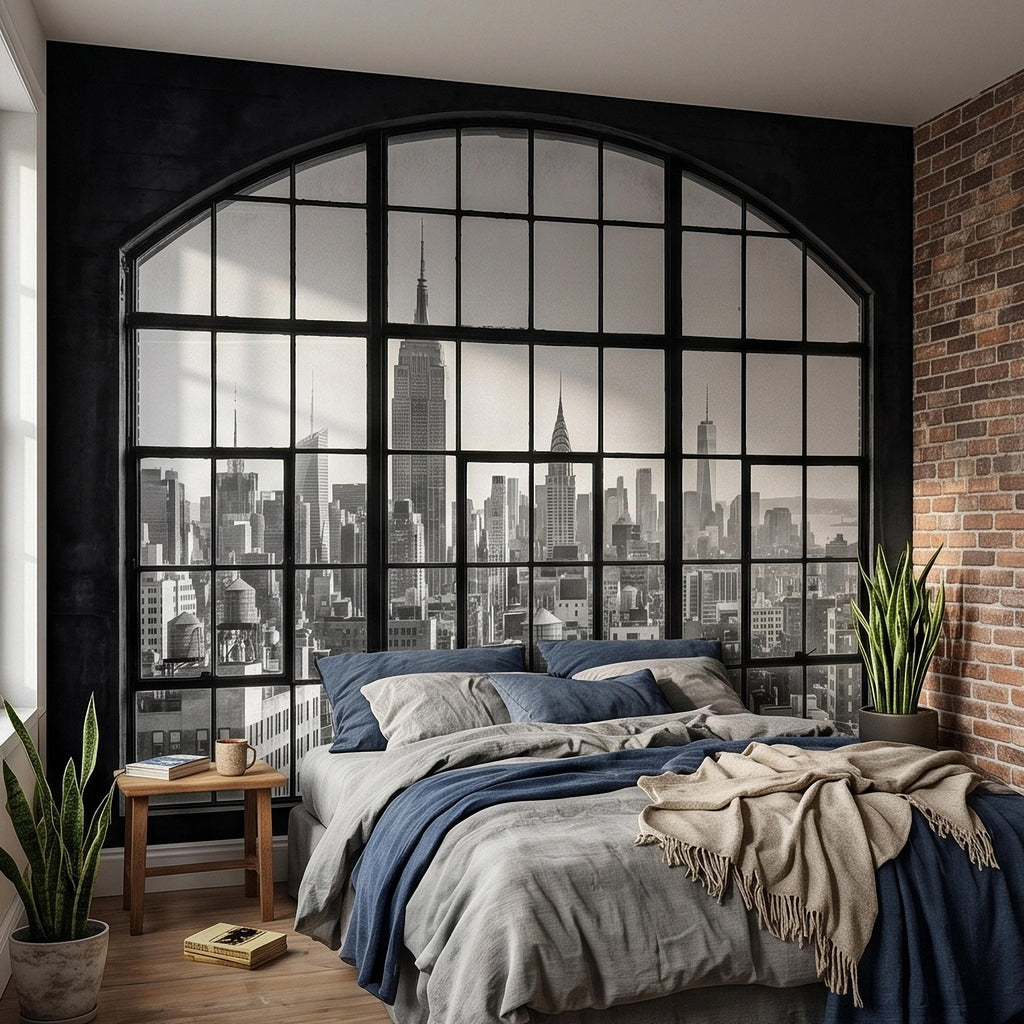 NYC Skyline Window Peel and Stick Wall Mural, Black and White New York City Loft View with Empire State Building, Industrial Photo Wallpaper