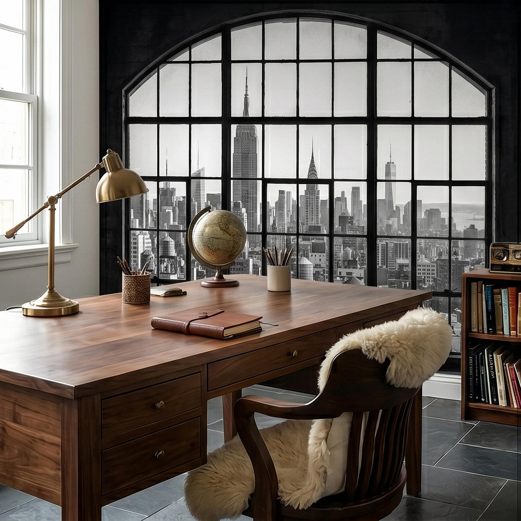 NYC Skyline Window Peel and Stick Wall Mural, Black and White New York City Loft View with Empire State Building, Industrial Photo Wallpaper