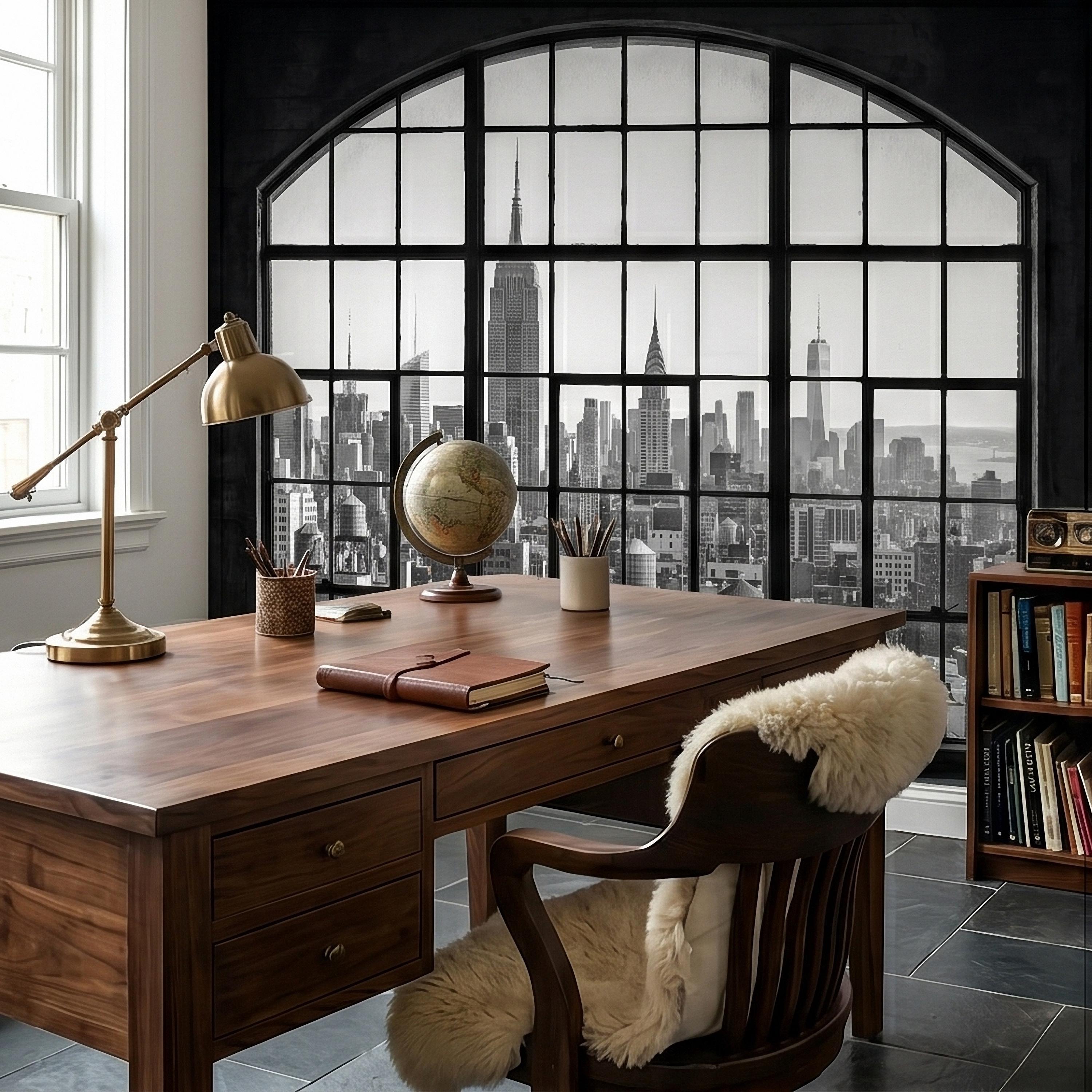 NYC Skyline Window Peel and Stick Wall Mural, Black and White New York City Loft View with Empire State Building, Industrial Photo Wallpaper