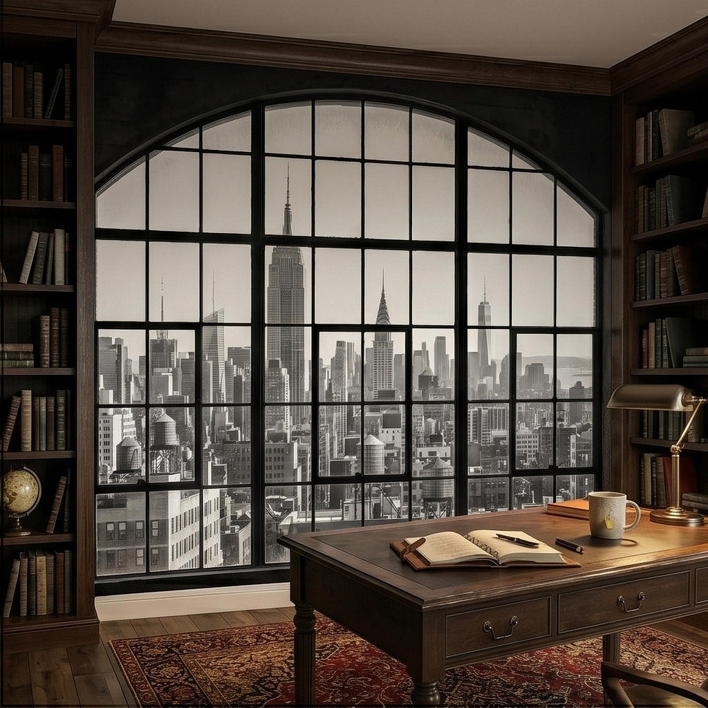 NYC Skyline Window Peel and Stick Wall Mural, Black and White New York City Loft View with Empire State Building, Industrial Photo Wallpaper