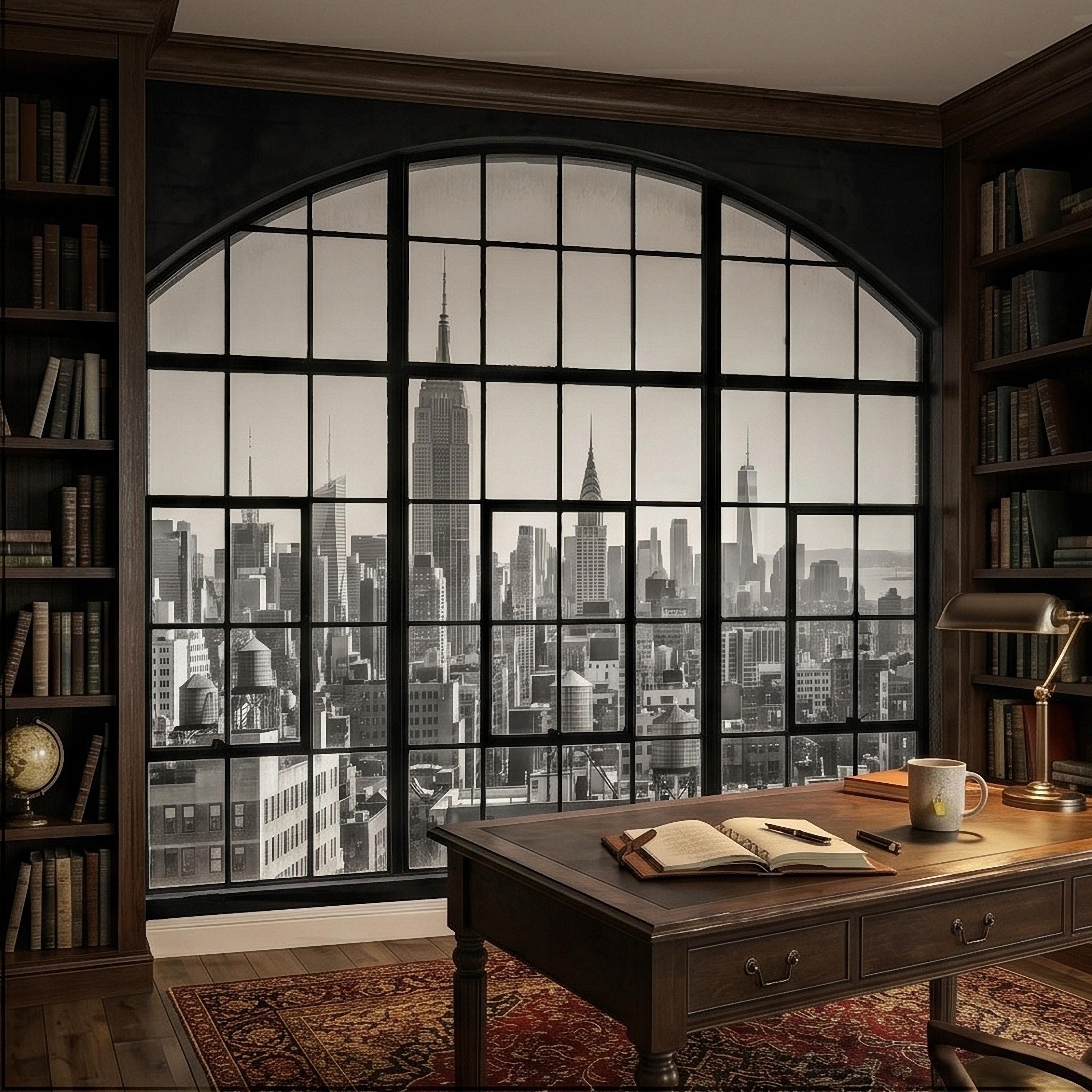 NYC Skyline Window Peel and Stick Wall Mural, Black and White New York City Loft View with Empire State Building, Industrial Photo Wallpaper