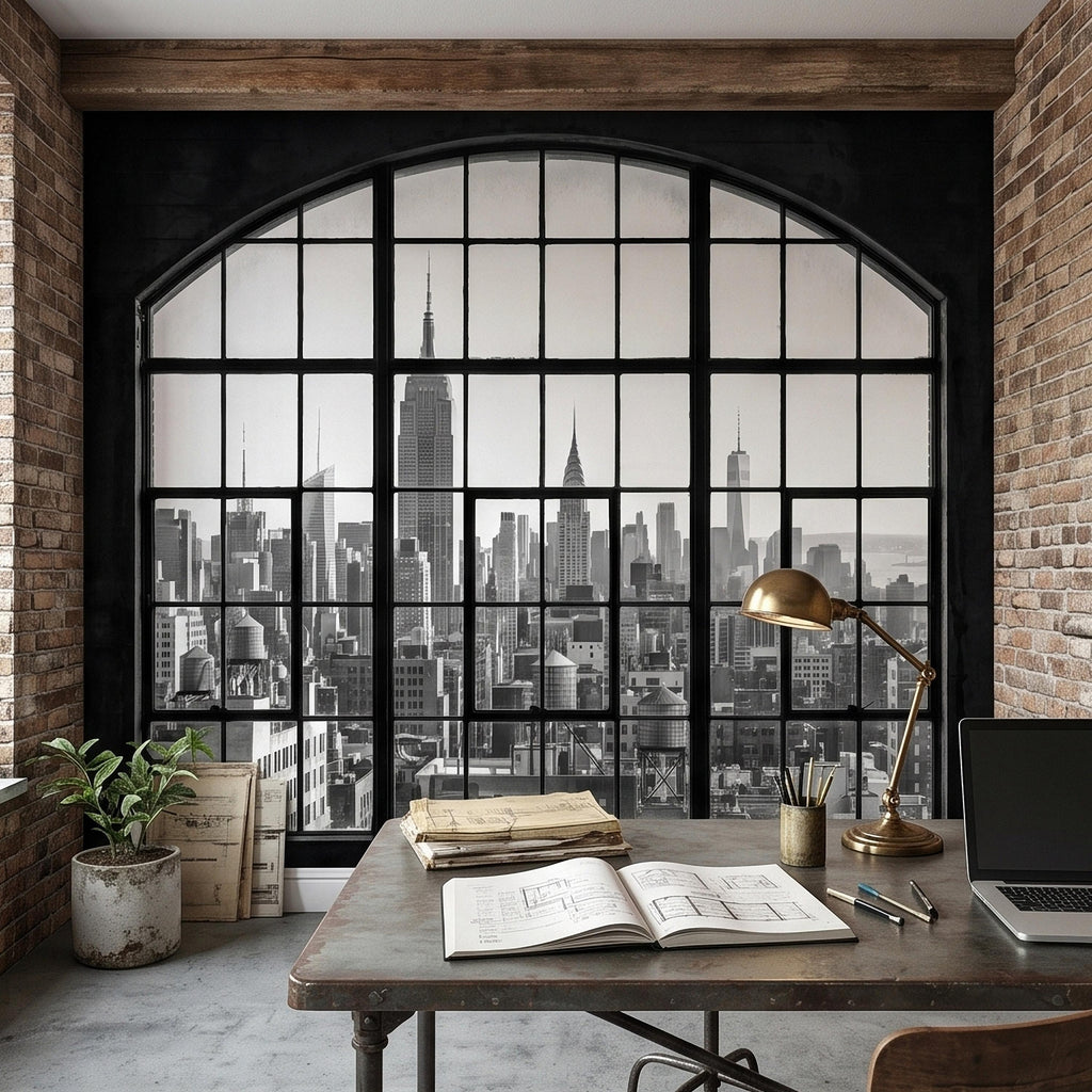 NYC Skyline Window Peel and Stick Wall Mural, Black and White New York City Loft View with Empire State Building, Industrial Photo Wallpaper