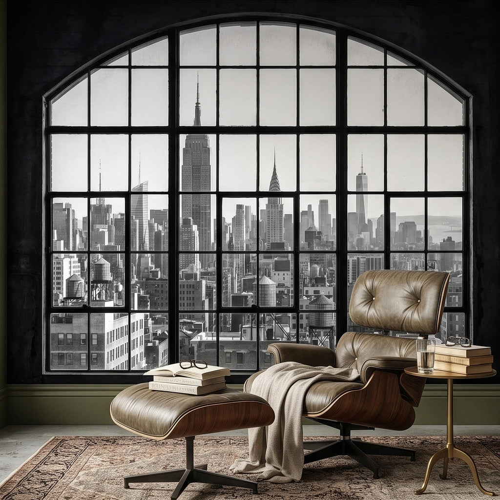 NYC Skyline Window Peel and Stick Wall Mural, Black and White New York City Loft View with Empire State Building, Industrial Photo Wallpaper