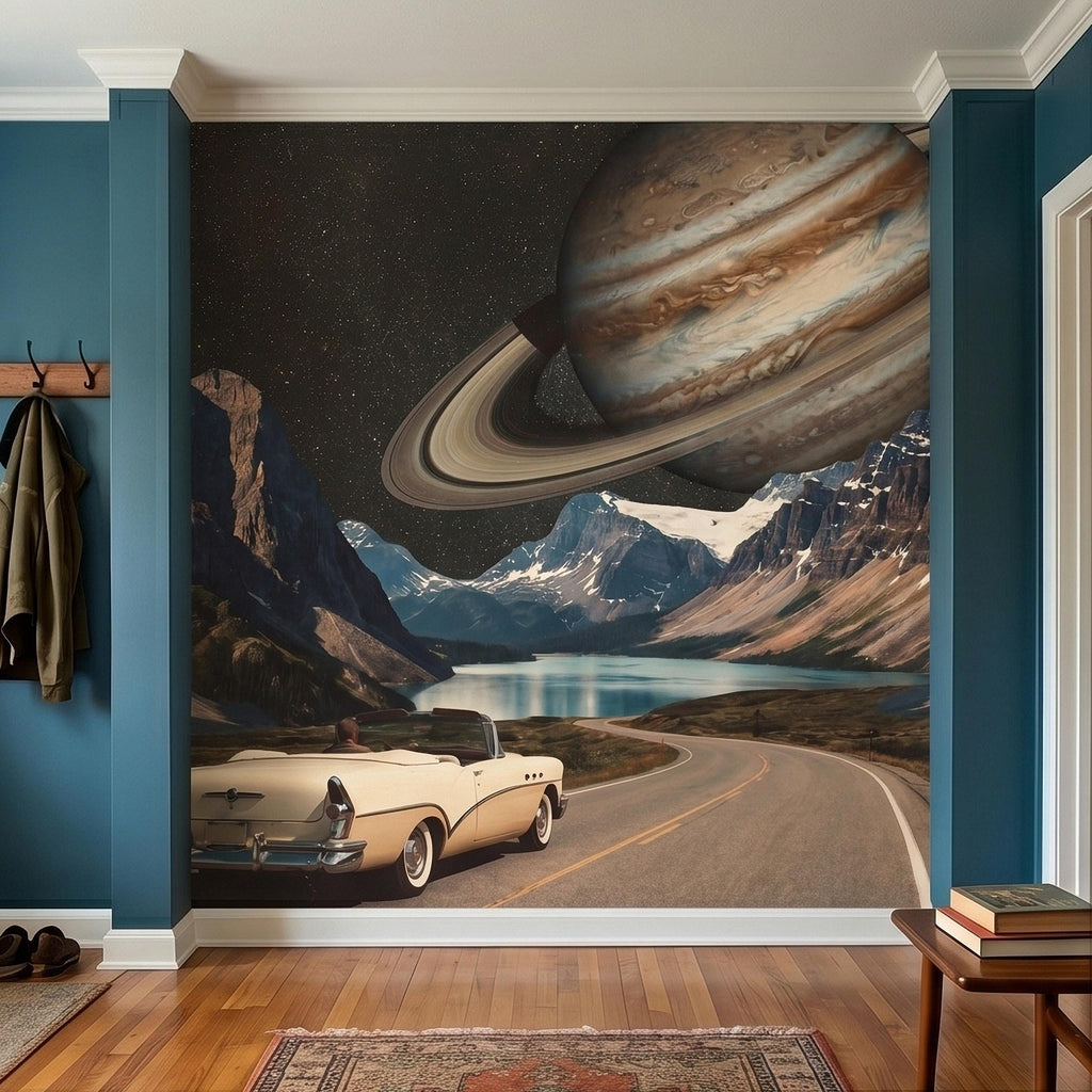 Surreal Space Road Trip Peel and Stick Wall Mural, Saturn Ringed Planet Over Mountain Lake Highway with Vintage Car, Cosmic Galaxy Wallpaper
