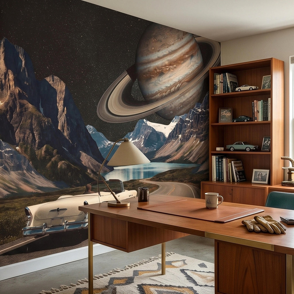 Surreal Space Road Trip Peel and Stick Wall Mural, Saturn Ringed Planet Over Mountain Lake Highway with Vintage Car, Cosmic Galaxy Wallpaper