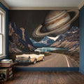 Surreal Space Road Trip Peel and Stick Wall Mural, Saturn Ringed Planet Over Mountain Lake Highway with Vintage Car, Cosmic Galaxy Wallpaper