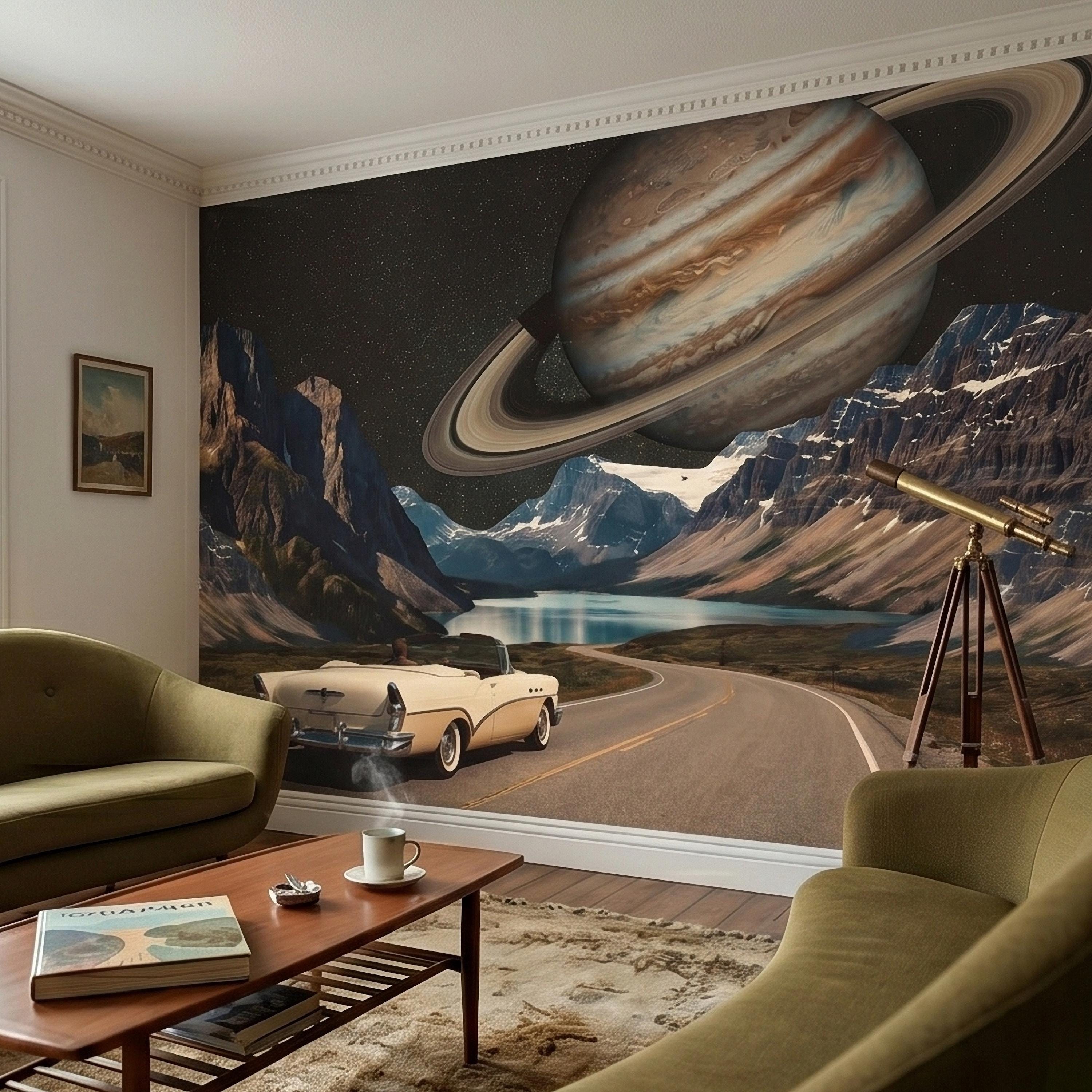 Surreal Space Road Trip Peel and Stick Wall Mural, Saturn Ringed Planet Over Mountain Lake Highway with Vintage Car, Cosmic Galaxy Wallpaper