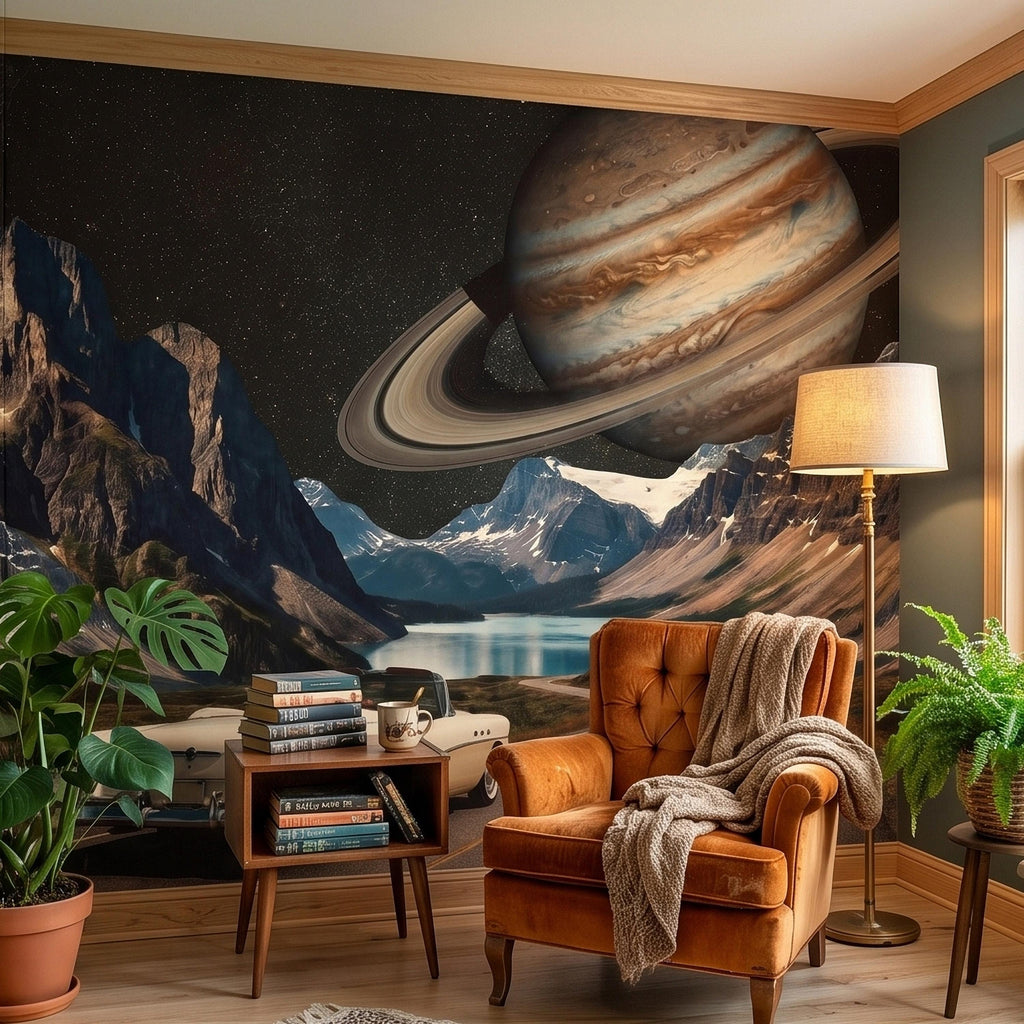 Surreal Space Road Trip Peel and Stick Wall Mural, Saturn Ringed Planet Over Mountain Lake Highway with Vintage Car, Cosmic Galaxy Wallpaper