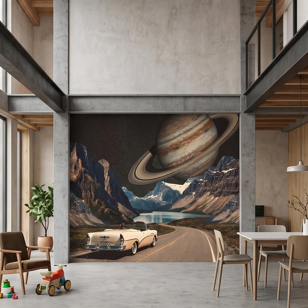 Surreal Space Road Trip Peel and Stick Wall Mural, Saturn Ringed Planet Over Mountain Lake Highway with Vintage Car, Cosmic Galaxy Wallpaper