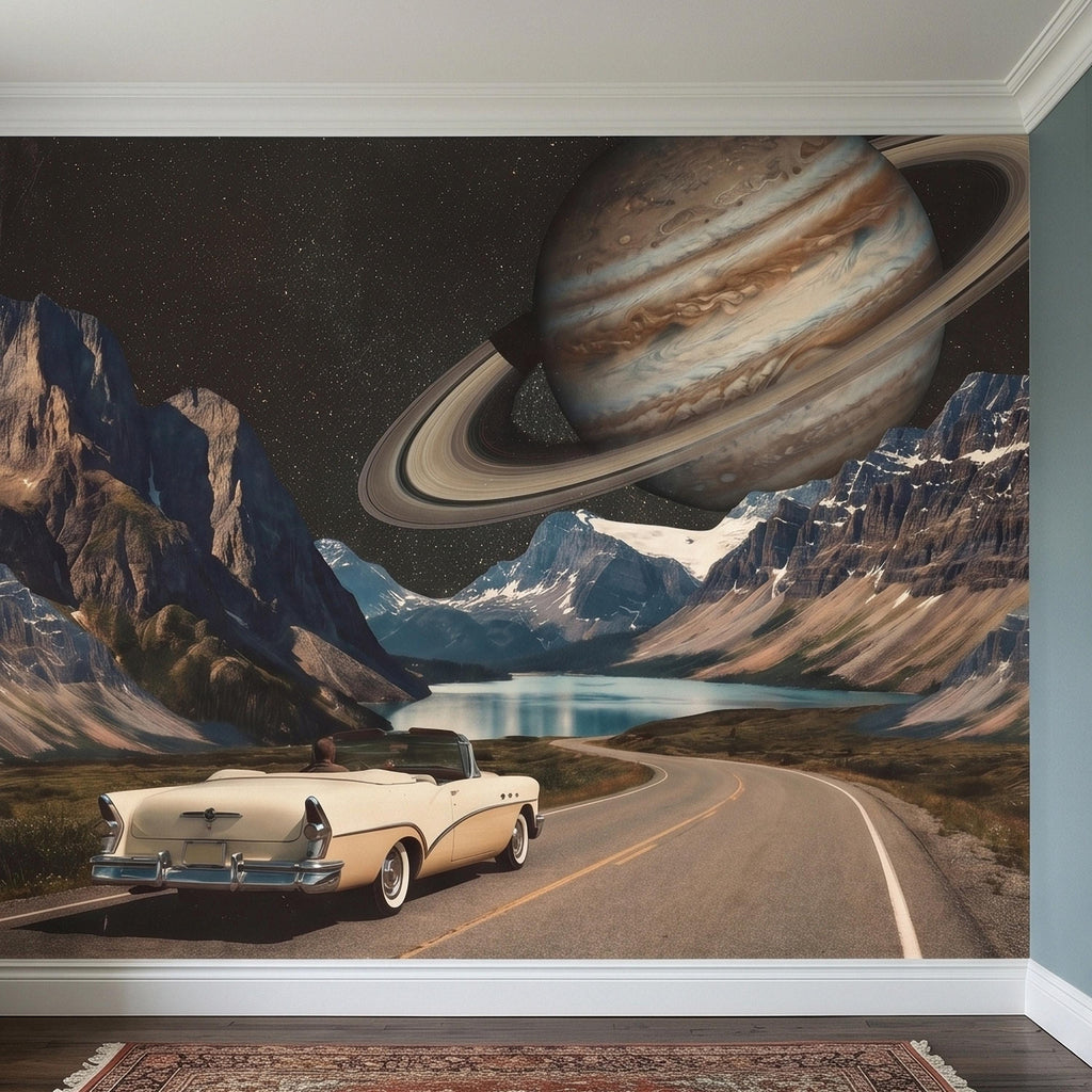 Surreal Space Road Trip Peel and Stick Wall Mural, Saturn Ringed Planet Over Mountain Lake Highway with Vintage Car, Cosmic Galaxy Wallpaper
