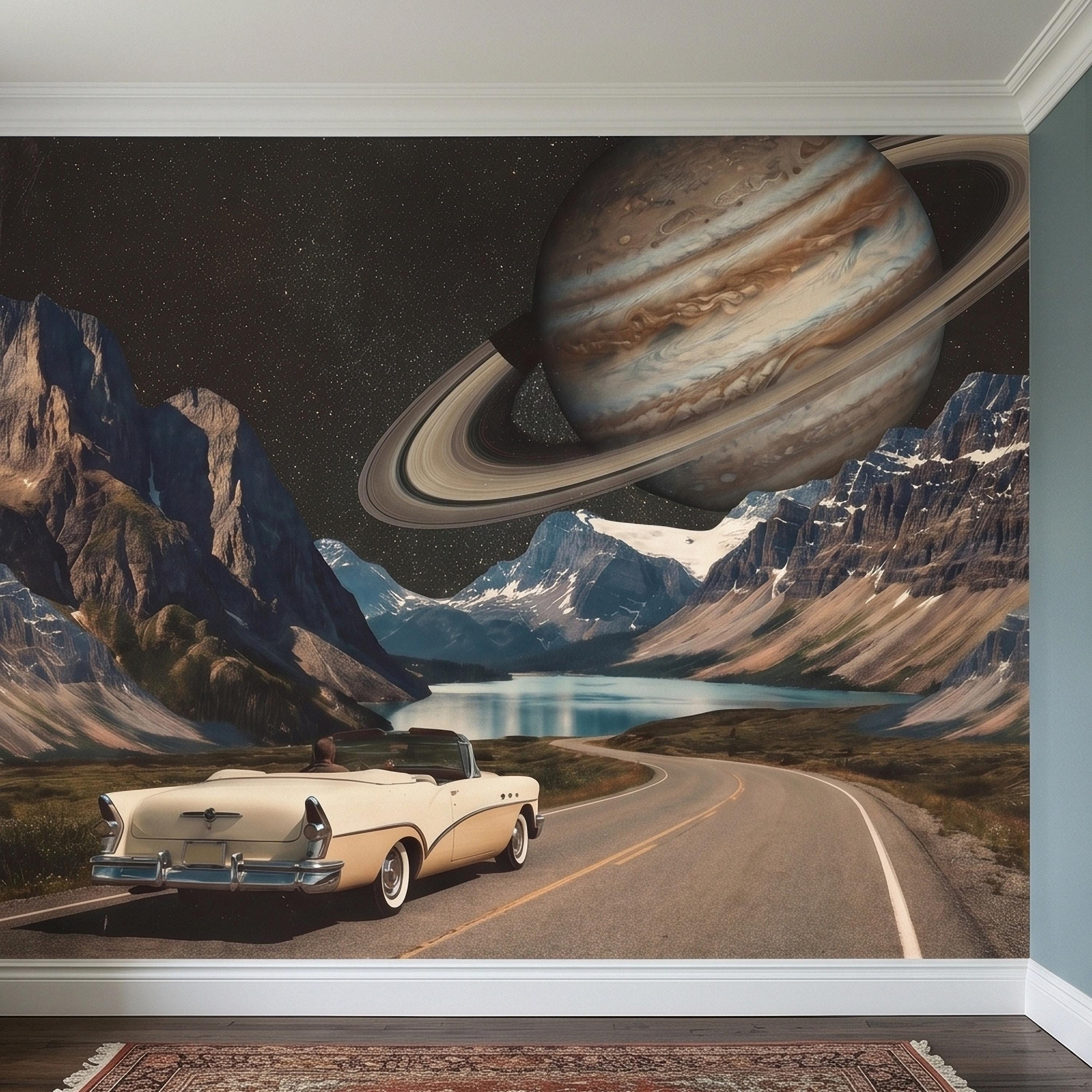Surreal Space Road Trip Peel and Stick Wall Mural, Saturn Ringed Planet Over Mountain Lake Highway with Vintage Car, Cosmic Galaxy Wallpaper