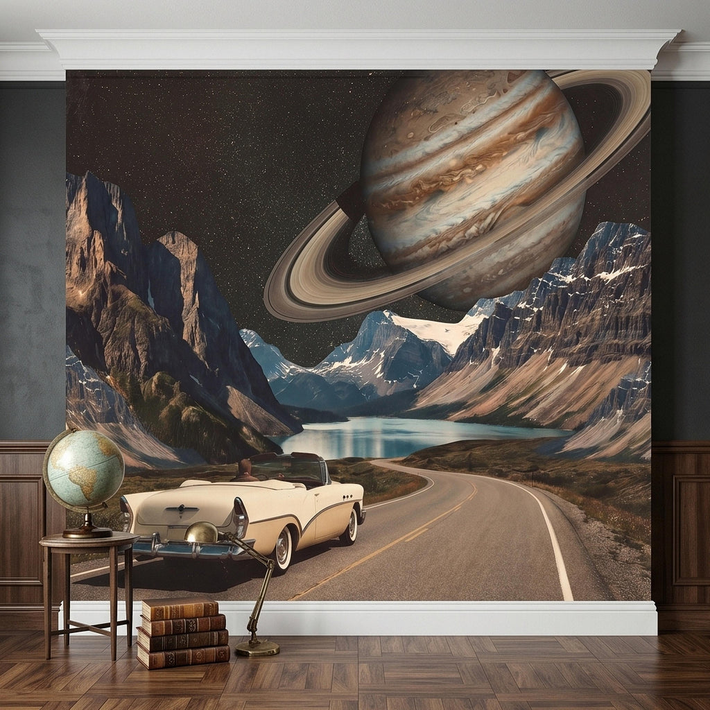Surreal Space Road Trip Peel and Stick Wall Mural, Saturn Ringed Planet Over Mountain Lake Highway with Vintage Car, Cosmic Galaxy Wallpaper