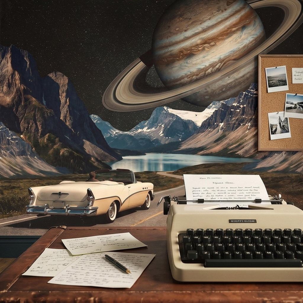 Surreal Space Road Trip Peel and Stick Wall Mural, Saturn Ringed Planet Over Mountain Lake Highway with Vintage Car, Cosmic Galaxy Wallpaper