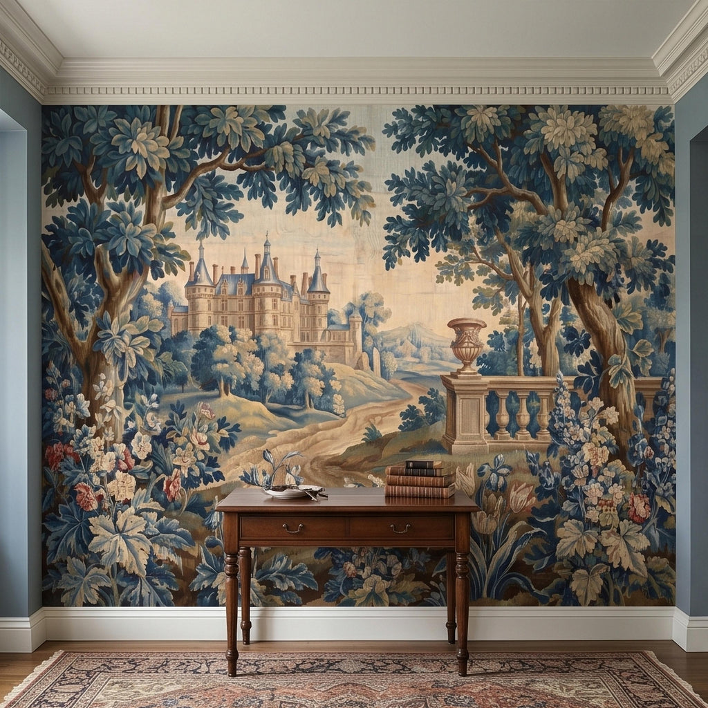 Blue Verdure Chateau Garden Peel and Stick Wall Mural, Vintage French Scenic Landscape Floral Border Stone Terrace Classic Toile Wallpaper