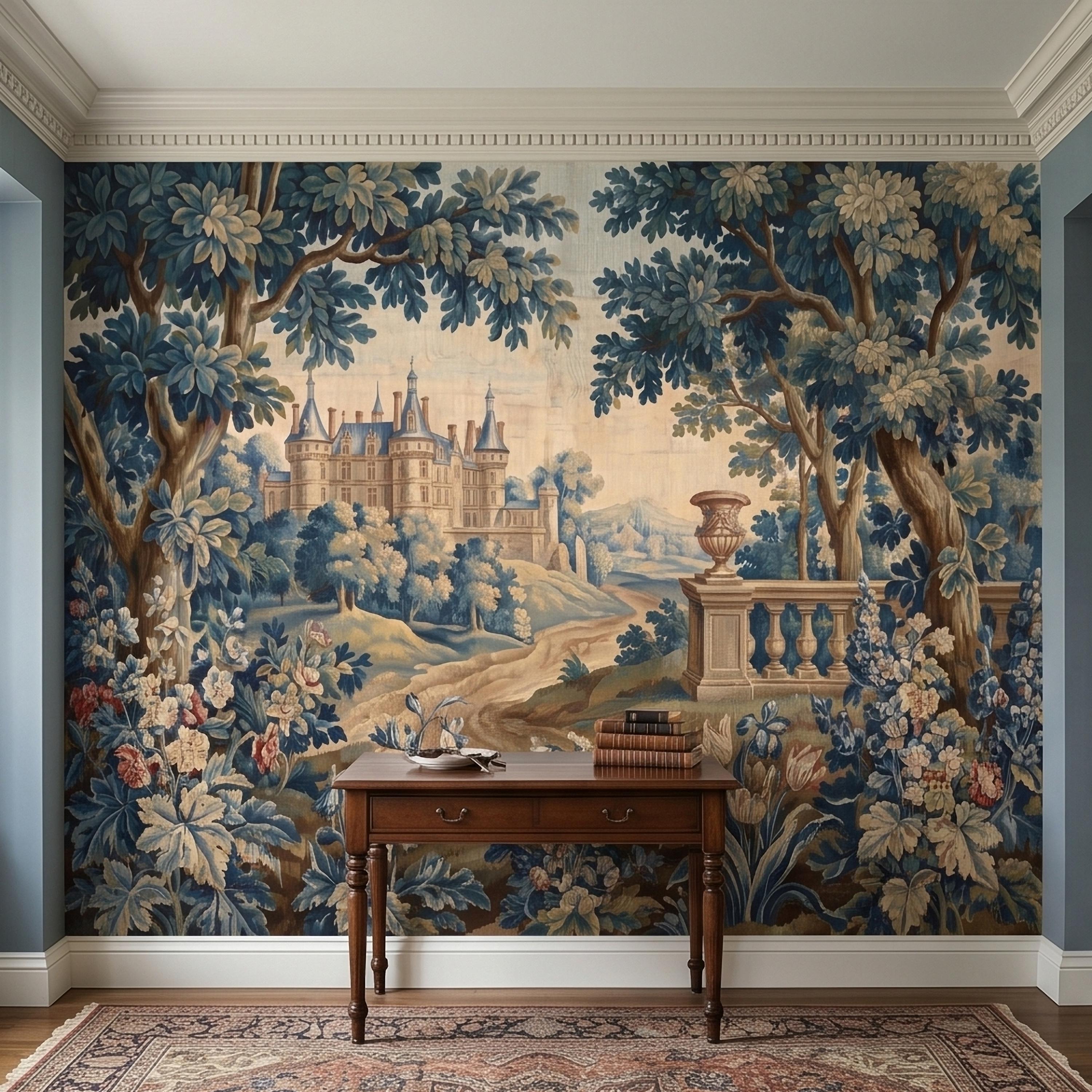 Blue Verdure Chateau Garden Peel and Stick Wall Mural, Vintage French Scenic Landscape Floral Border Stone Terrace Classic Toile Wallpaper