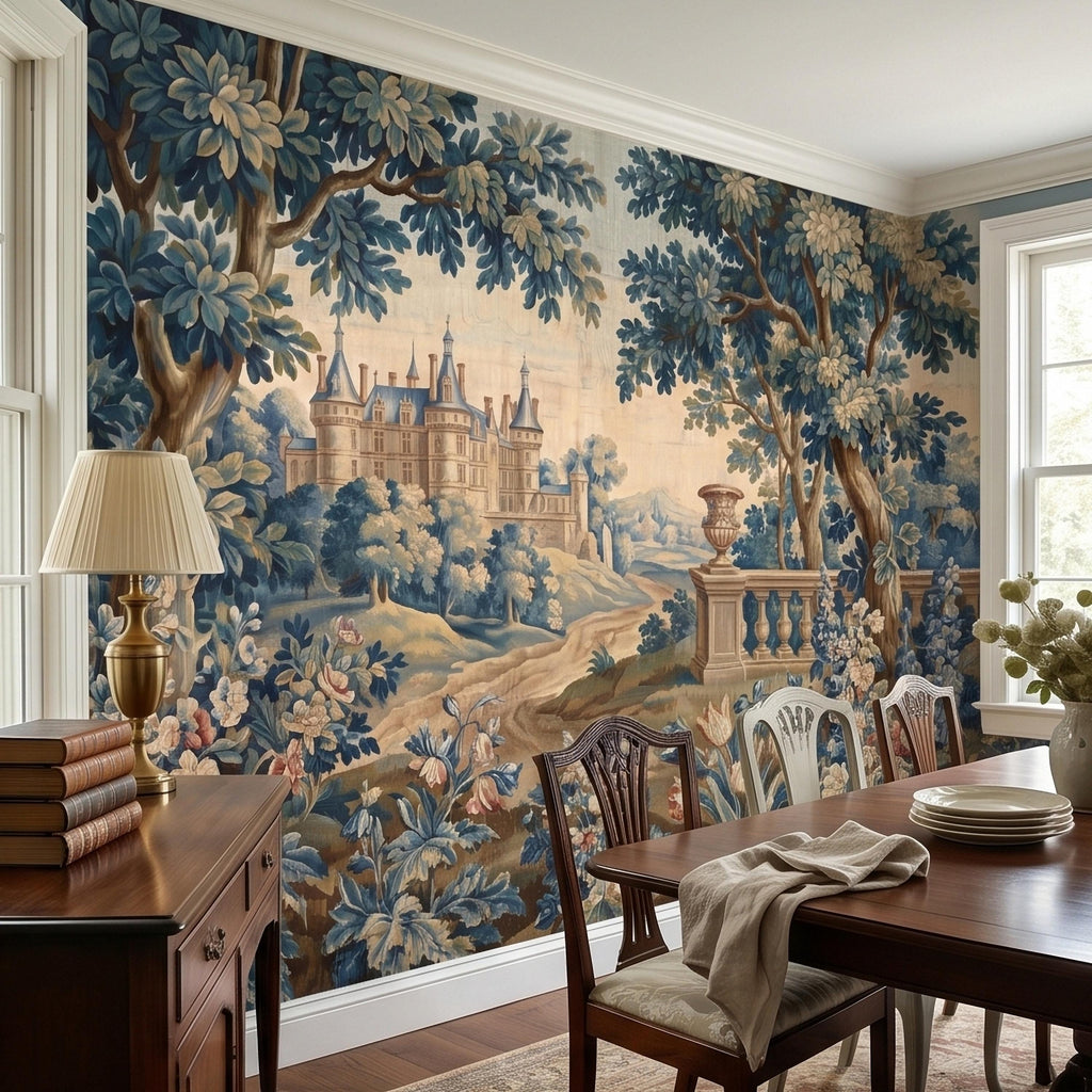 Blue Verdure Chateau Garden Peel and Stick Wall Mural, Vintage French Scenic Landscape Floral Border Stone Terrace Classic Toile Wallpaper