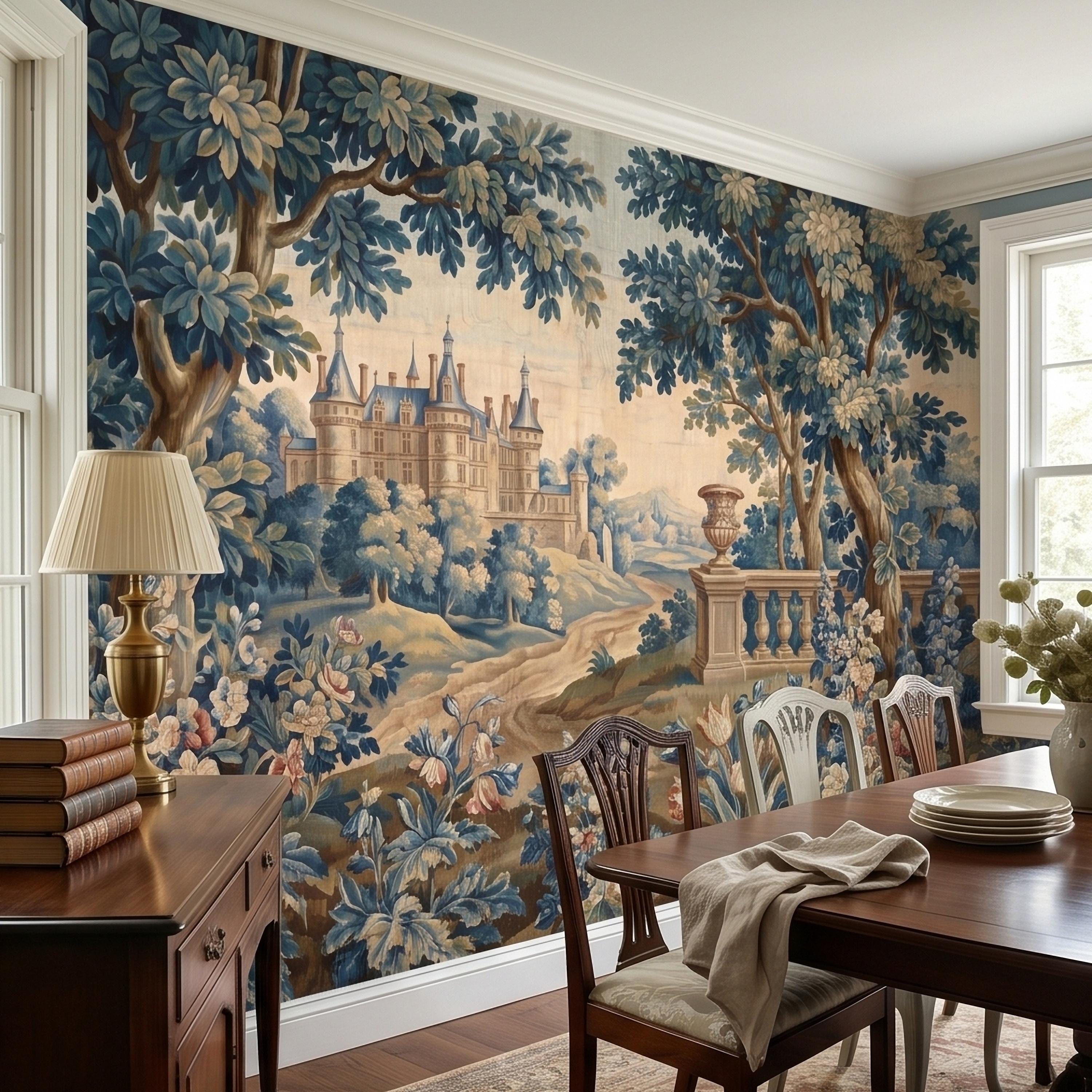 Blue Verdure Chateau Garden Peel and Stick Wall Mural, Vintage French Scenic Landscape Floral Border Stone Terrace Classic Toile Wallpaper