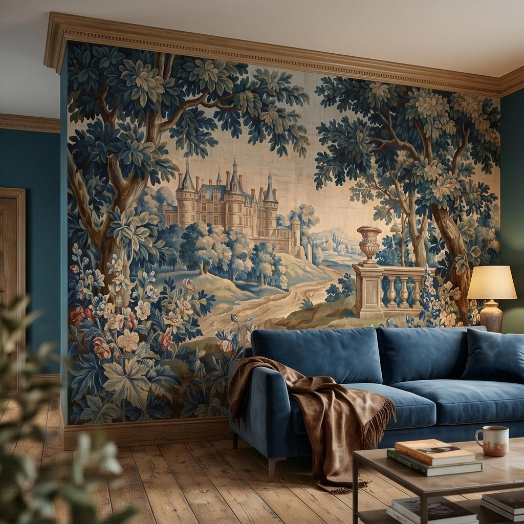 Blue Verdure Chateau Garden Peel and Stick Wall Mural, Vintage French Scenic Landscape Floral Border Stone Terrace Classic Toile Wallpaper