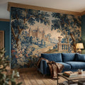 Blue Verdure Chateau Garden Peel and Stick Wall Mural, Vintage French Scenic Landscape Floral Border Stone Terrace Classic Toile Wallpaper