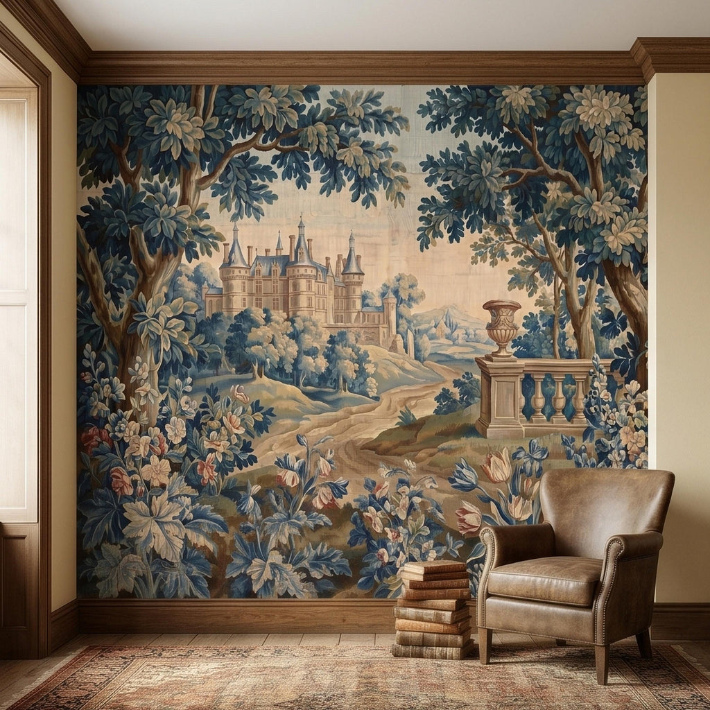 Blue Verdure Chateau Garden Peel and Stick Wall Mural, Vintage French Scenic Landscape Floral Border Stone Terrace Classic Toile Wallpaper