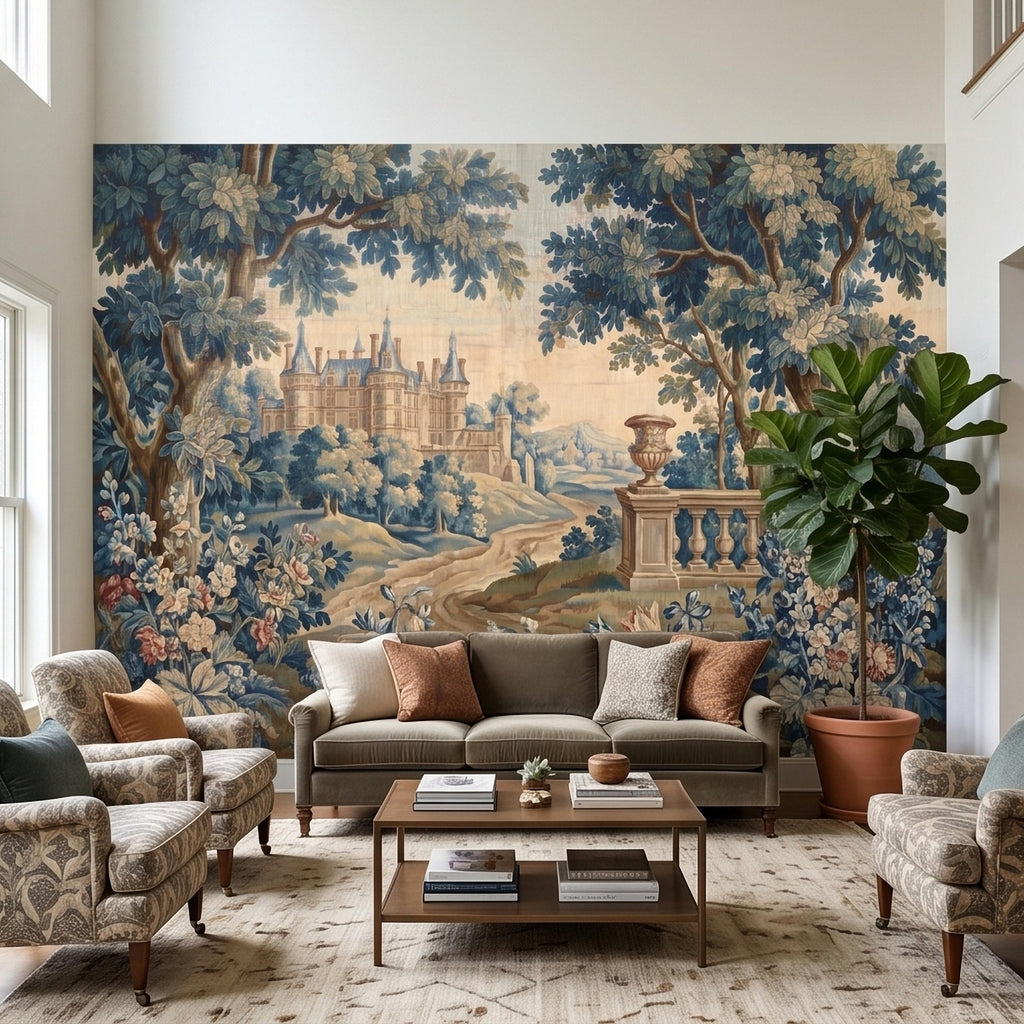Blue Verdure Chateau Garden Peel and Stick Wall Mural, Vintage French Scenic Landscape Floral Border Stone Terrace Classic Toile Wallpaper