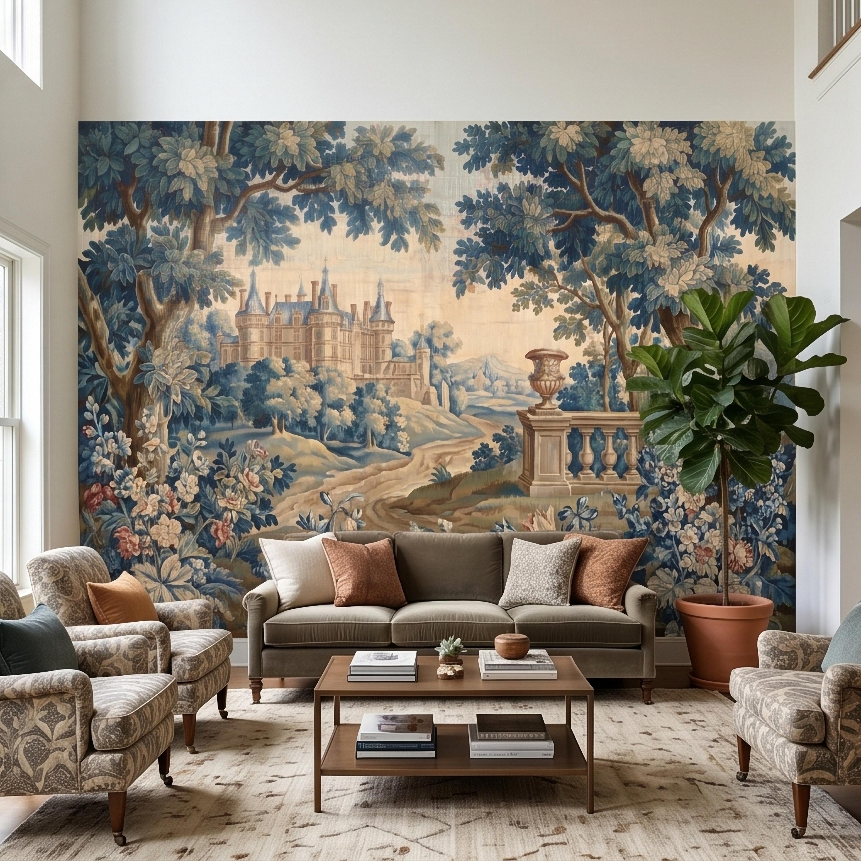 Blue Verdure Chateau Garden Peel and Stick Wall Mural, Vintage French Scenic Landscape Floral Border Stone Terrace Classic Toile Wallpaper