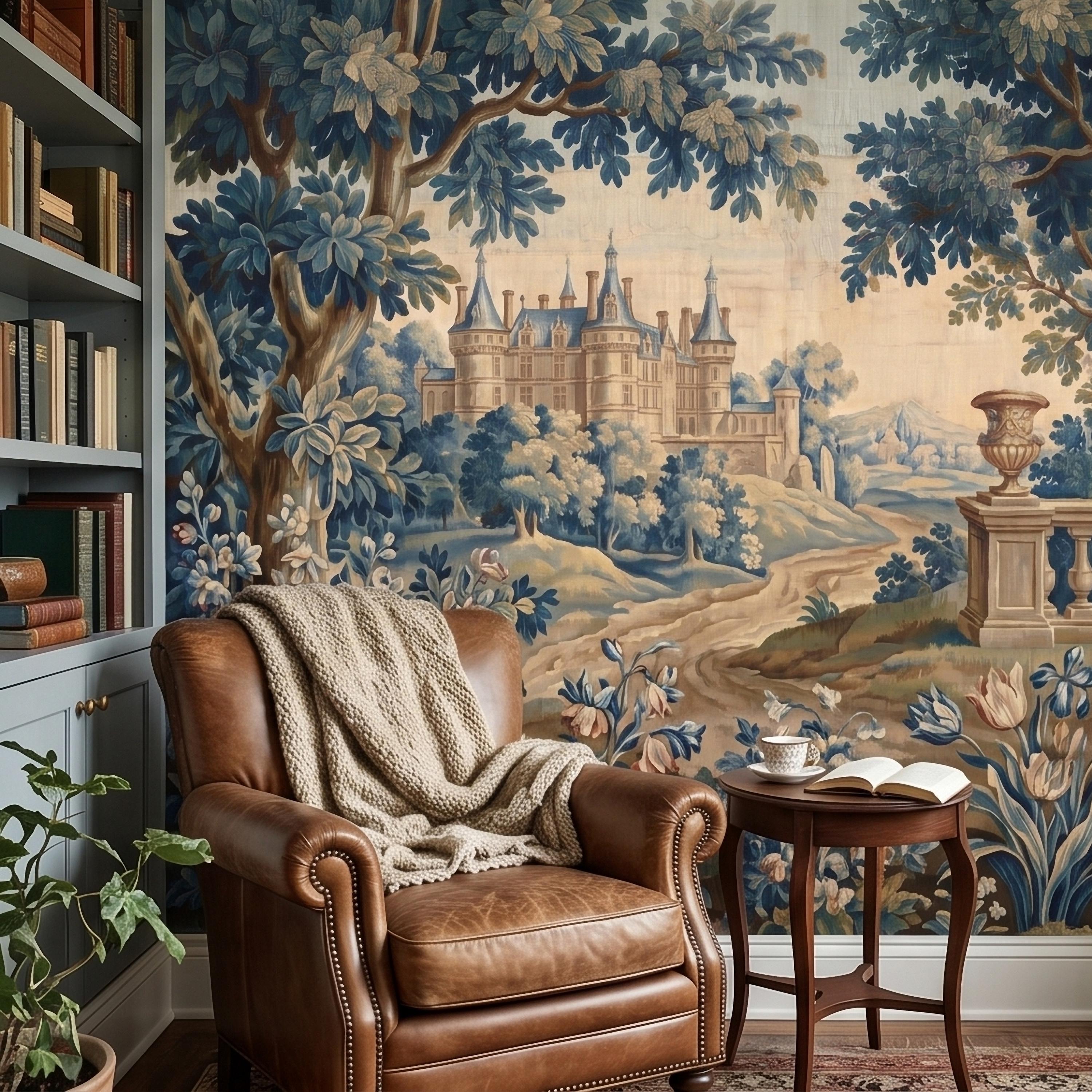 Blue Verdure Chateau Garden Peel and Stick Wall Mural, Vintage French Scenic Landscape Floral Border Stone Terrace Classic Toile Wallpaper