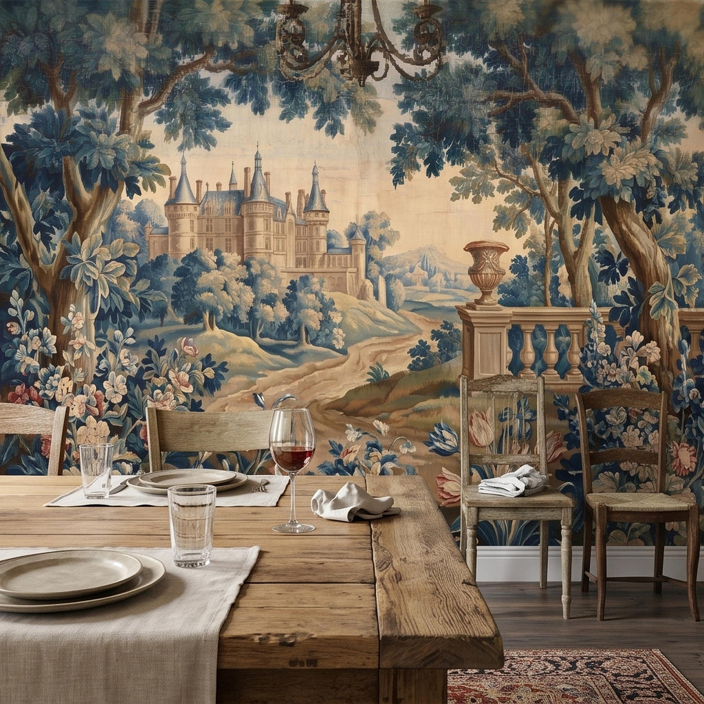 Blue Verdure Chateau Garden Peel and Stick Wall Mural, Vintage French Scenic Landscape Floral Border Stone Terrace Classic Toile Wallpaper