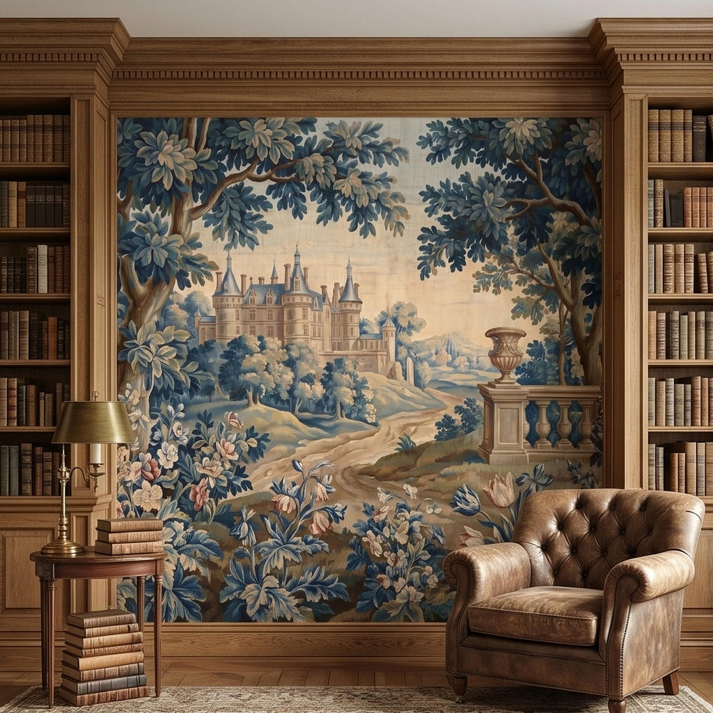 Blue Verdure Chateau Garden Peel and Stick Wall Mural, Vintage French Scenic Landscape Floral Border Stone Terrace Classic Toile Wallpaper