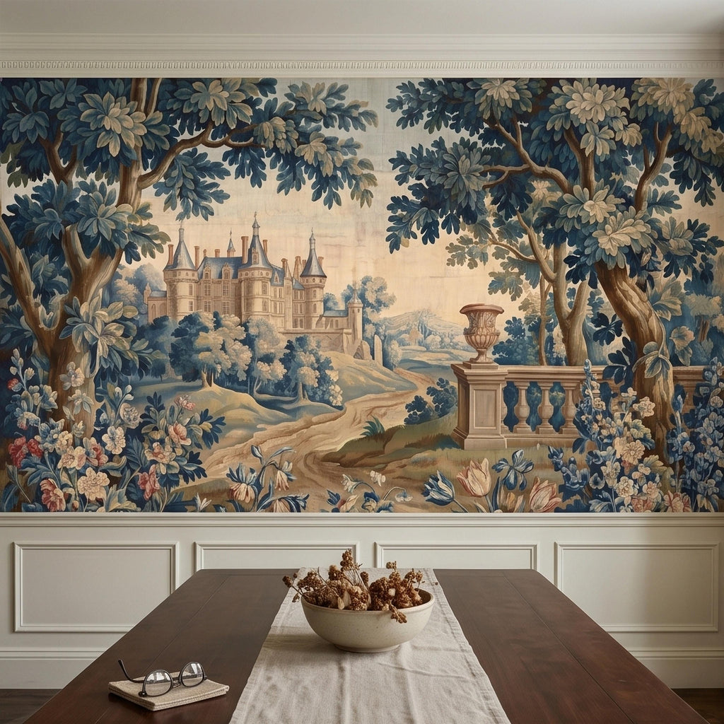 Blue Verdure Chateau Garden Peel and Stick Wall Mural, Vintage French Scenic Landscape Floral Border Stone Terrace Classic Toile Wallpaper