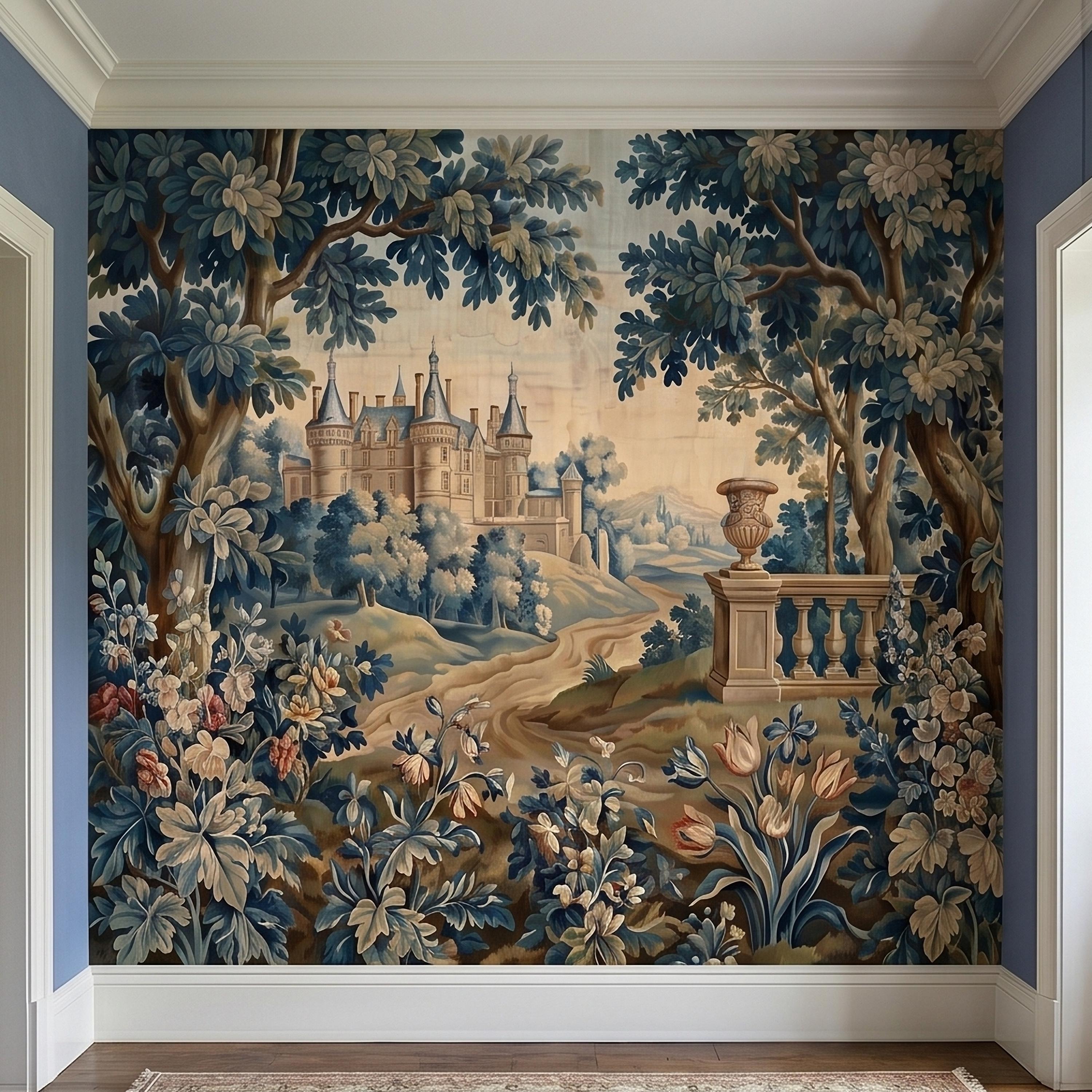 Blue Verdure Chateau Garden Peel and Stick Wall Mural, Vintage French Scenic Landscape Floral Border Stone Terrace Classic Toile Wallpaper