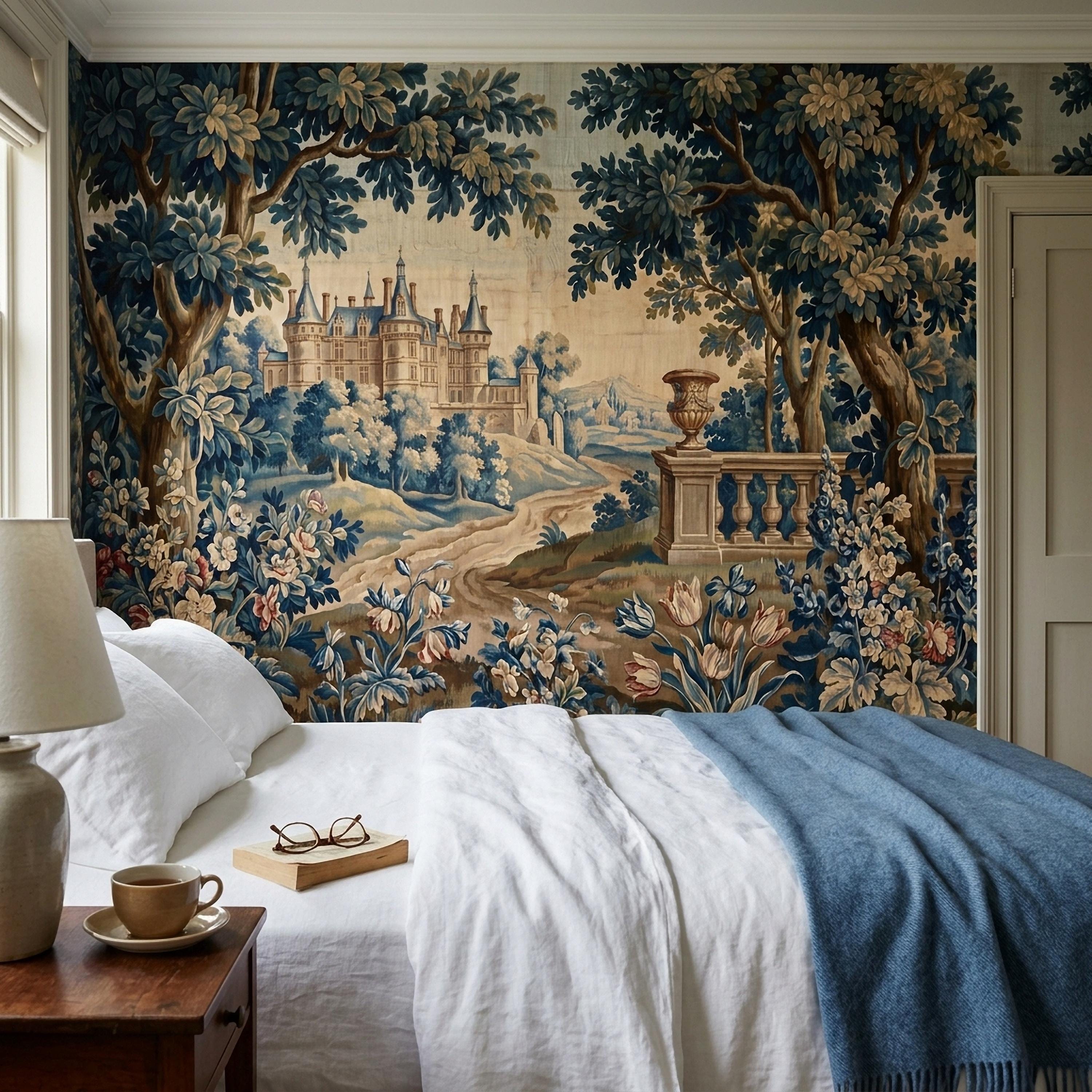 Blue Verdure Chateau Garden Peel and Stick Wall Mural, Vintage French Scenic Landscape Floral Border Stone Terrace Classic Toile Wallpaper