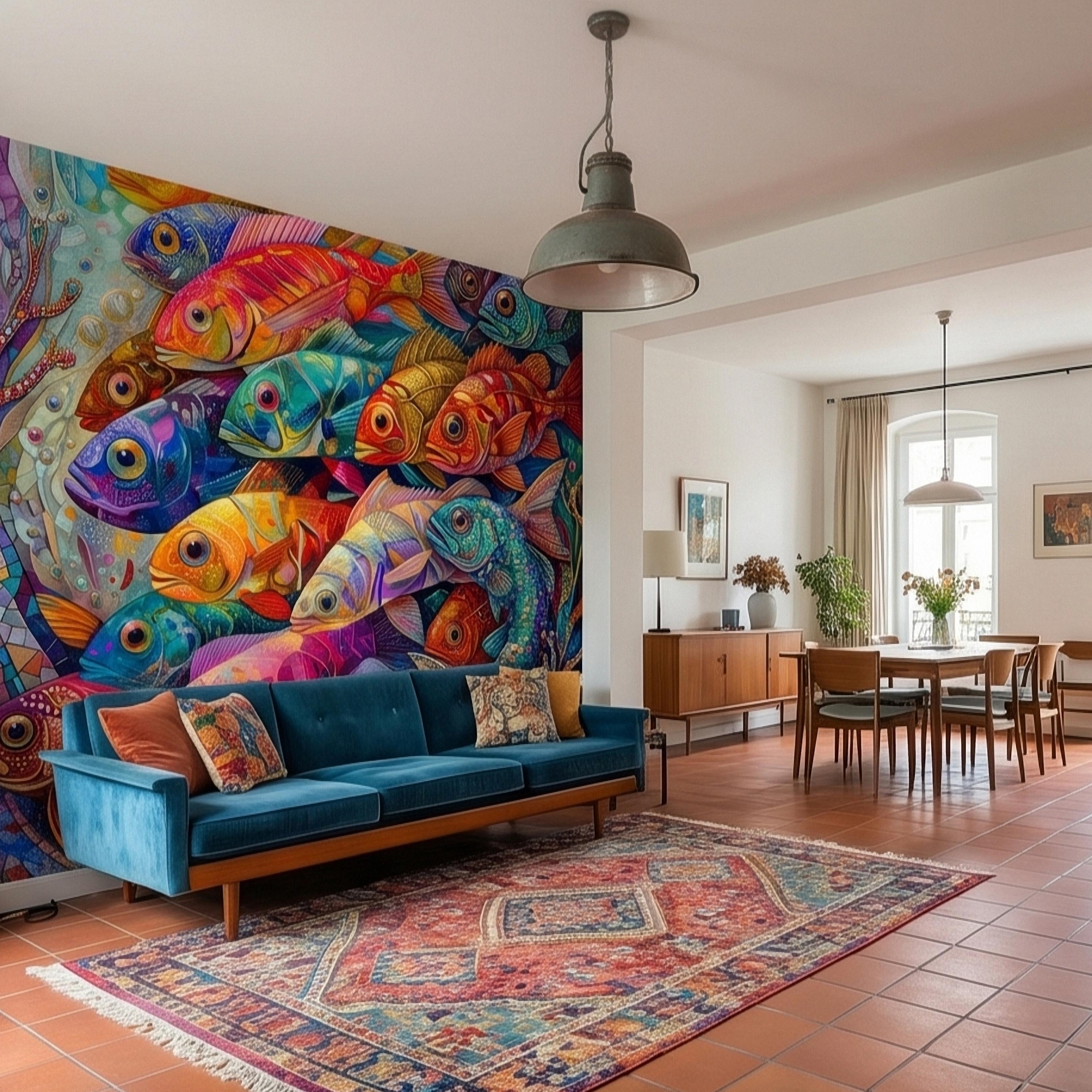 Colorful Tropical Fish Underwater Reef Peel and Stick Wall Mural, Vibrant Ocean Sea Life Illustration Collage, Nautical Coastal Wallpaper