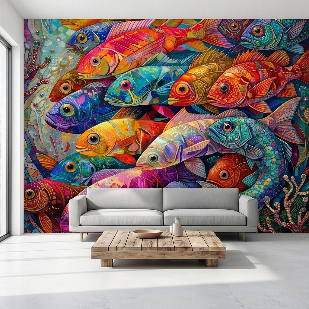 Colorful Tropical Fish Underwater Reef Peel and Stick Wall Mural, Vibrant Ocean Sea Life Illustration Collage, Nautical Coastal Wallpaper