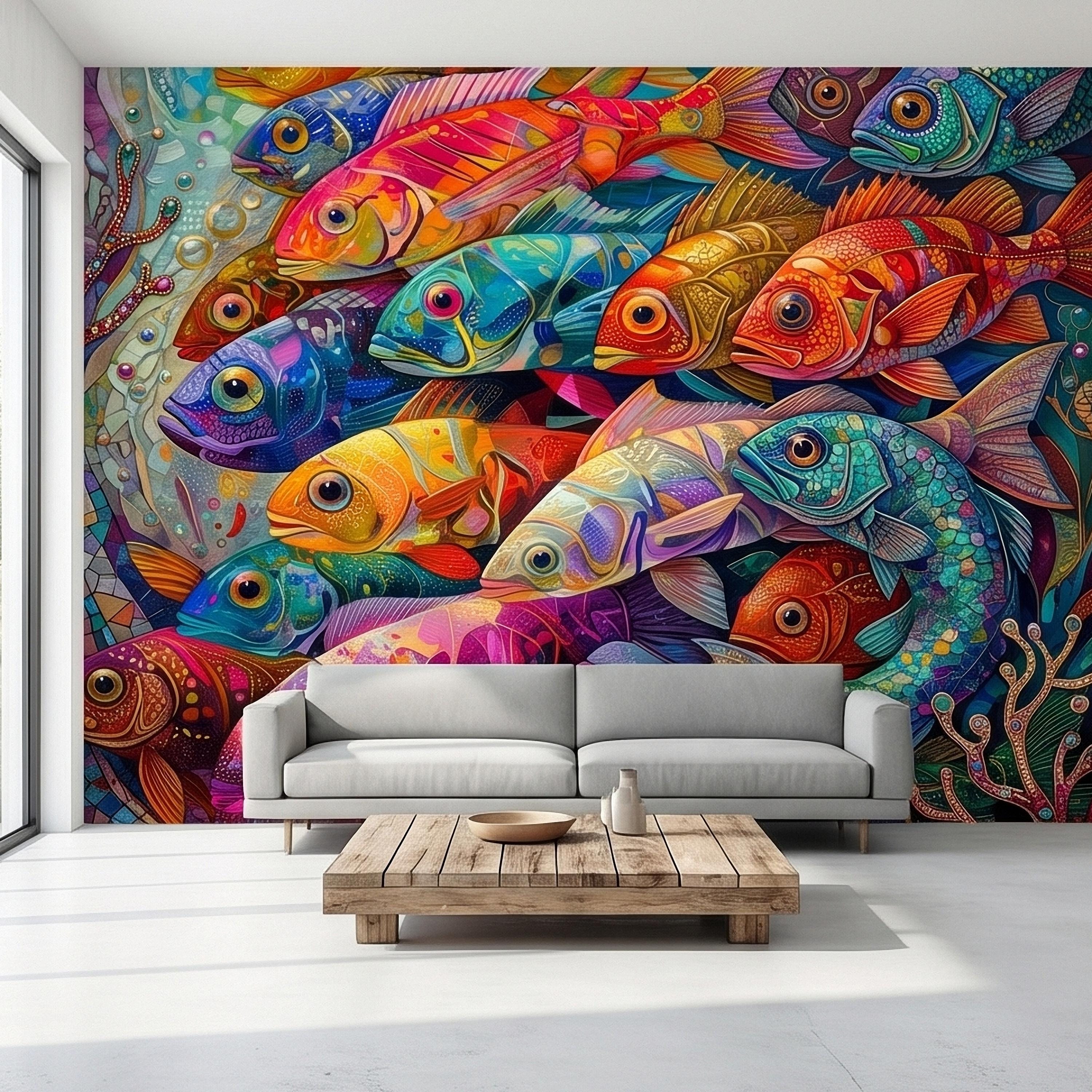 Colorful Tropical Fish Underwater Reef Peel and Stick Wall Mural, Vibrant Ocean Sea Life Illustration Collage, Nautical Coastal Wallpaper
