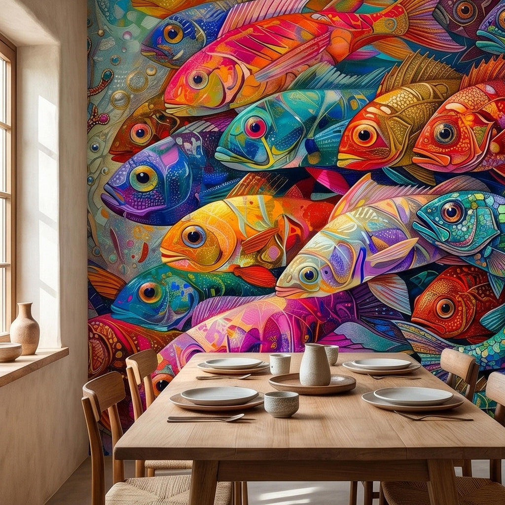 Colorful Tropical Fish Underwater Reef Peel and Stick Wall Mural, Vibrant Ocean Sea Life Illustration Collage, Nautical Coastal Wallpaper