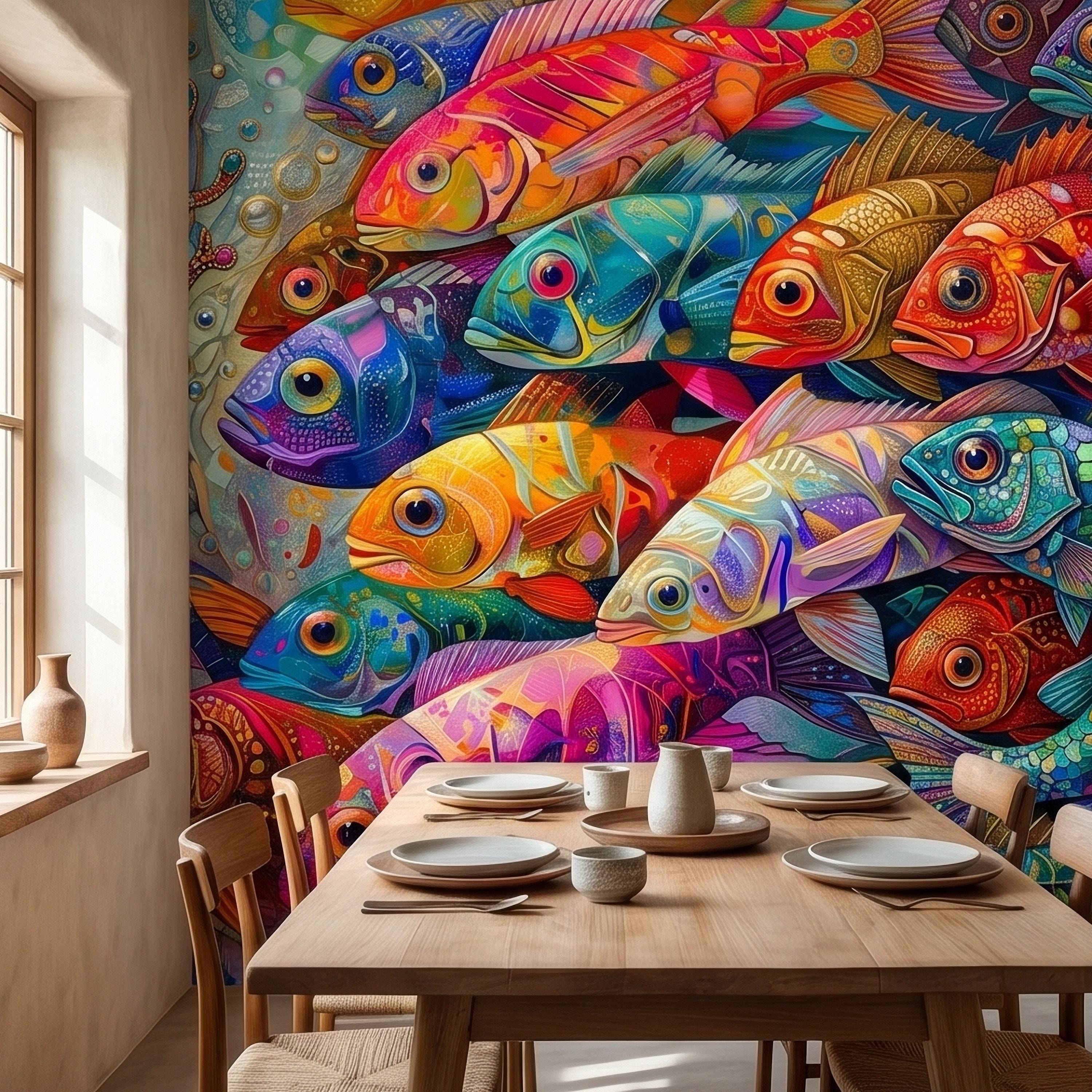 Colorful Tropical Fish Underwater Reef Peel and Stick Wall Mural, Vibrant Ocean Sea Life Illustration Collage, Nautical Coastal Wallpaper