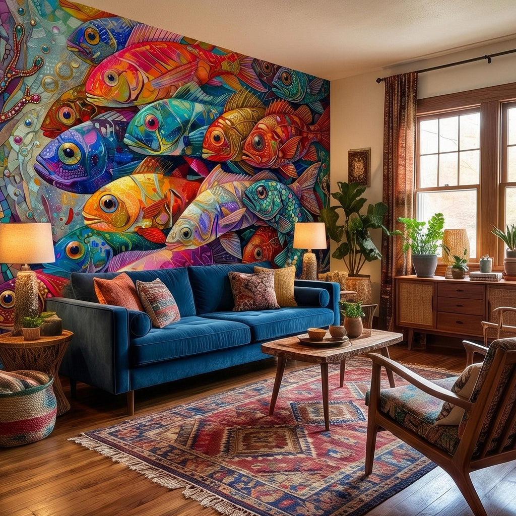 Colorful Tropical Fish Underwater Reef Peel and Stick Wall Mural, Vibrant Ocean Sea Life Illustration Collage, Nautical Coastal Wallpaper
