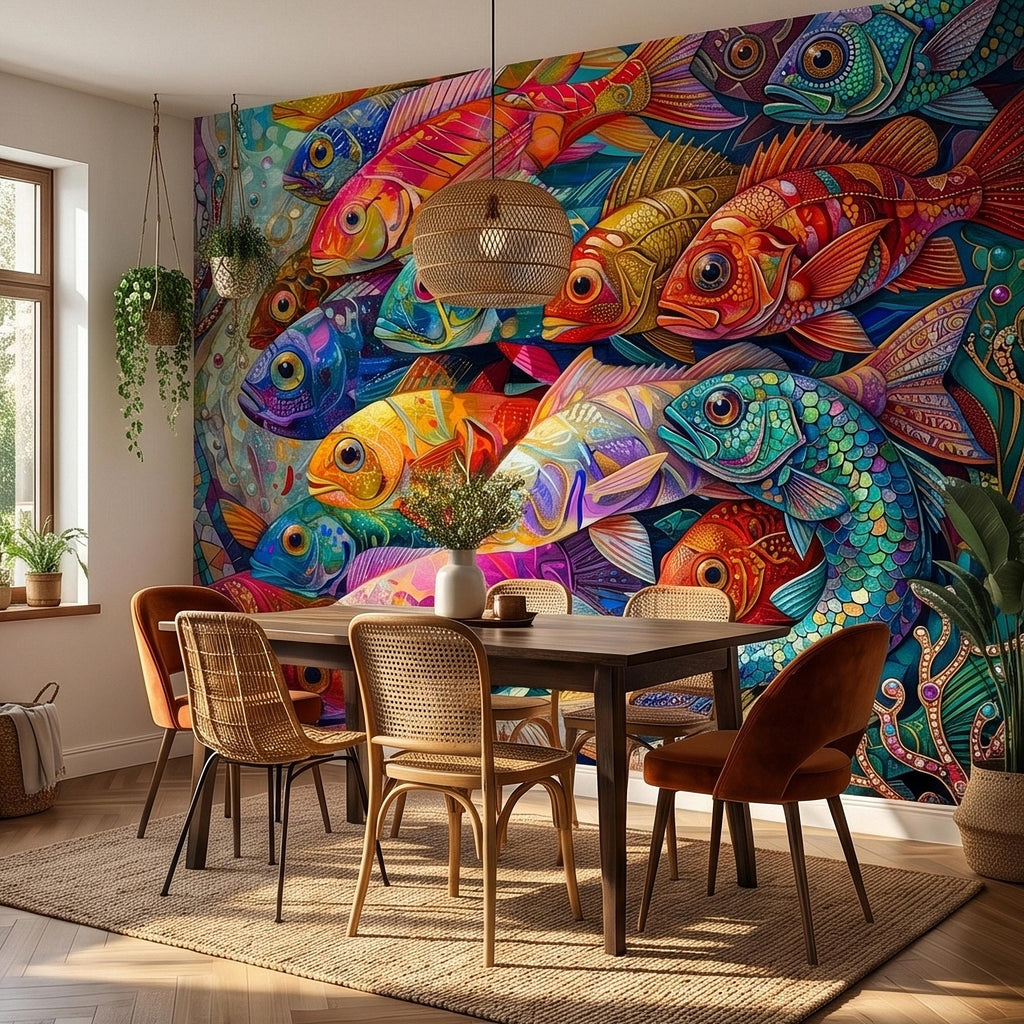 Colorful Tropical Fish Underwater Reef Peel and Stick Wall Mural, Vibrant Ocean Sea Life Illustration Collage, Nautical Coastal Wallpaper