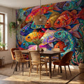 Colorful Tropical Fish Underwater Reef Peel and Stick Wall Mural, Vibrant Ocean Sea Life Illustration Collage, Nautical Coastal Wallpaper