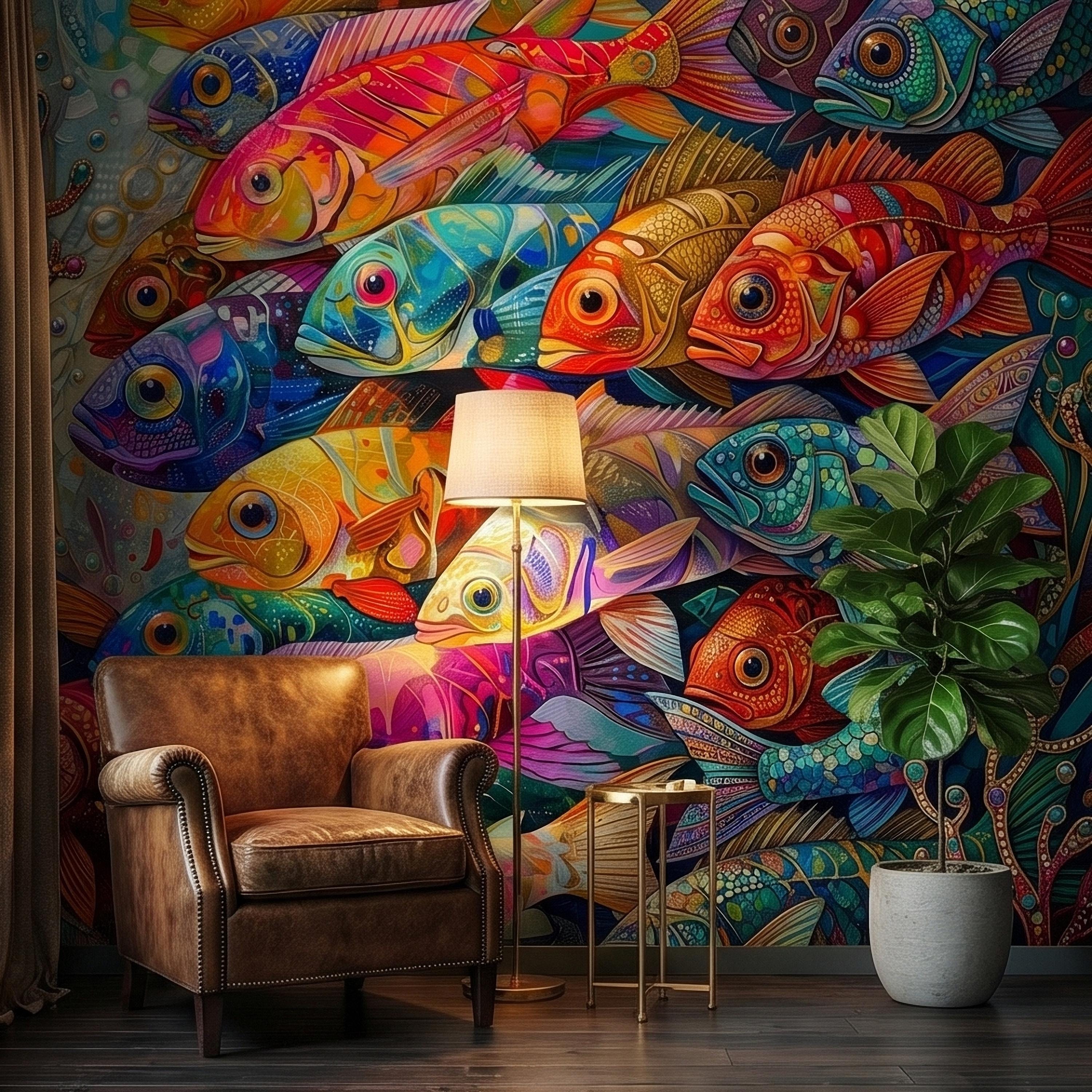Colorful Tropical Fish Underwater Reef Peel and Stick Wall Mural, Vibrant Ocean Sea Life Illustration Collage, Nautical Coastal Wallpaper